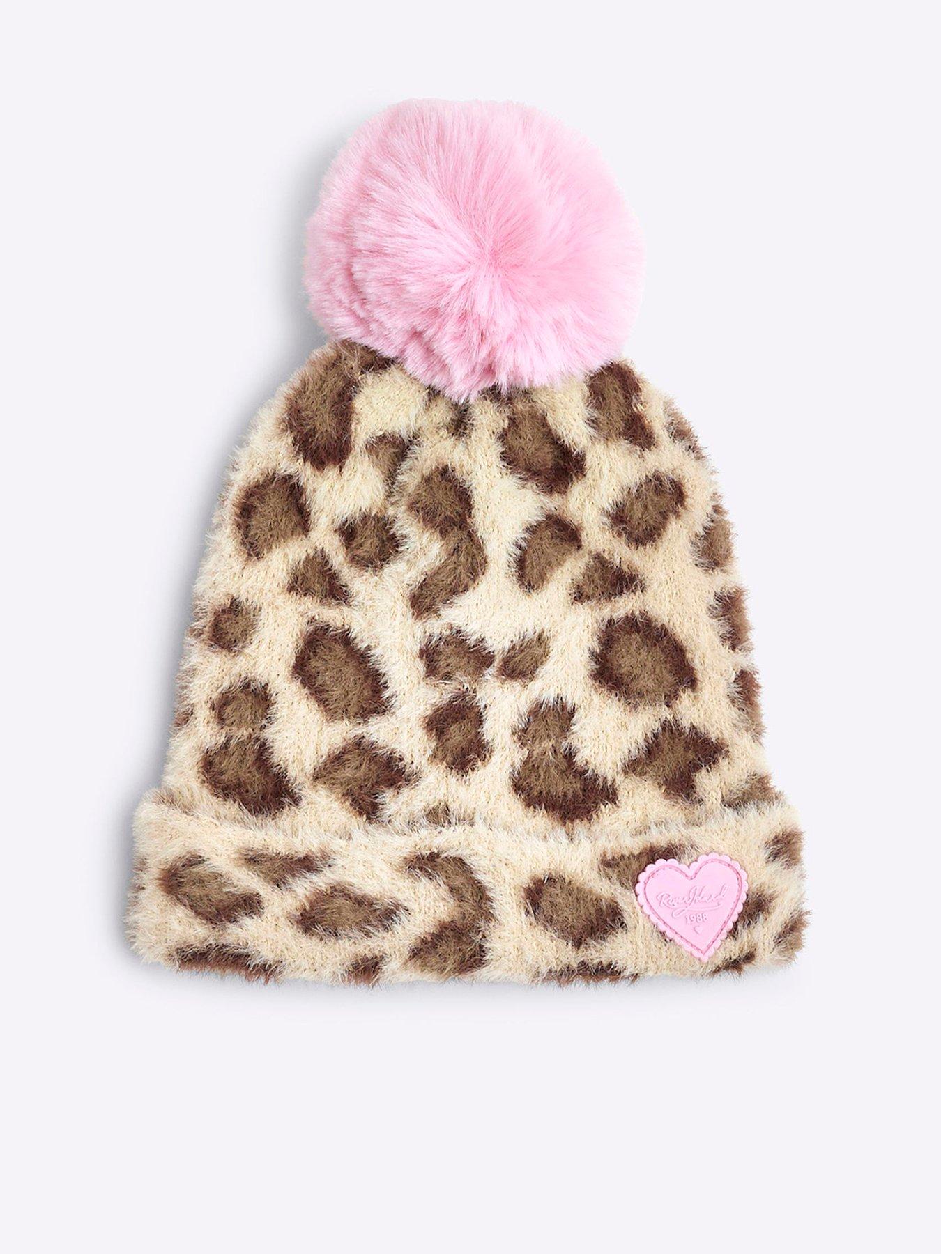 undefined Girls Leopard Pom Pom Beanie Hat - Beige