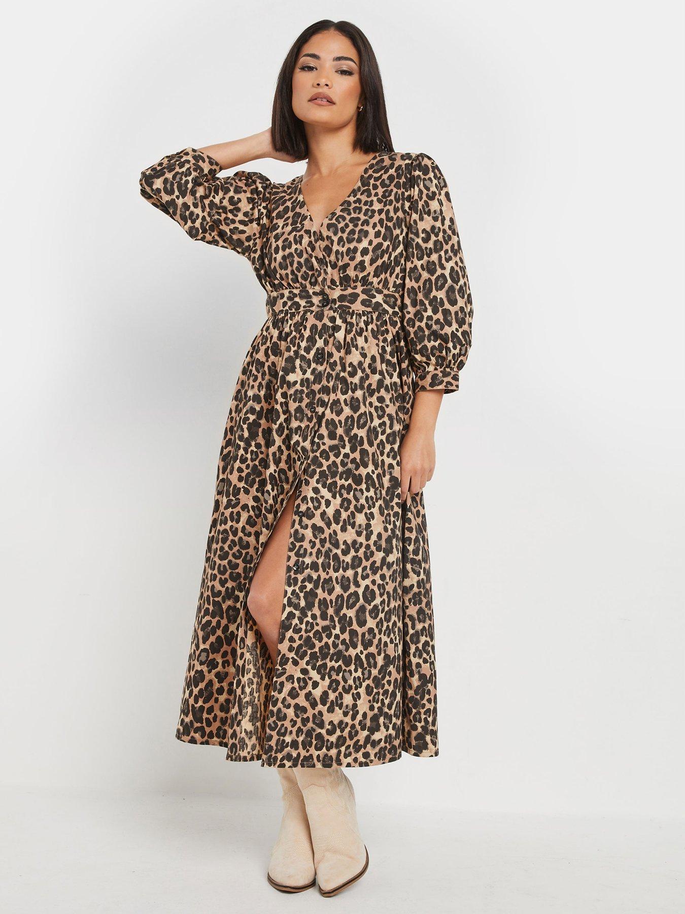 Image 1 of 4 of PixieGirl Petite Animal Long Sleeve Button Front Midi Dress - Natural