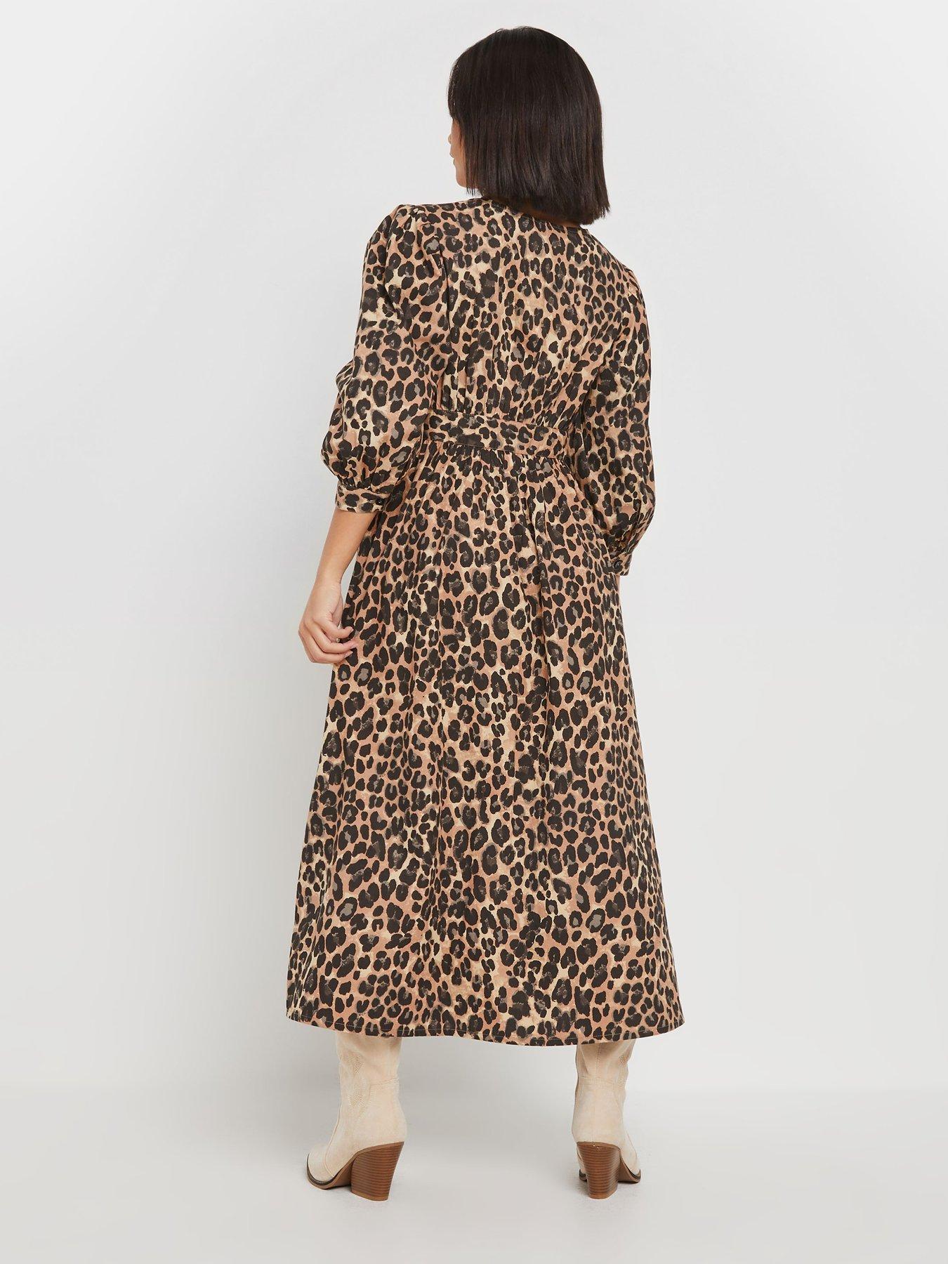 Image 2 of 4 of PixieGirl Petite Animal Long Sleeve Button Front Midi Dress - Natural