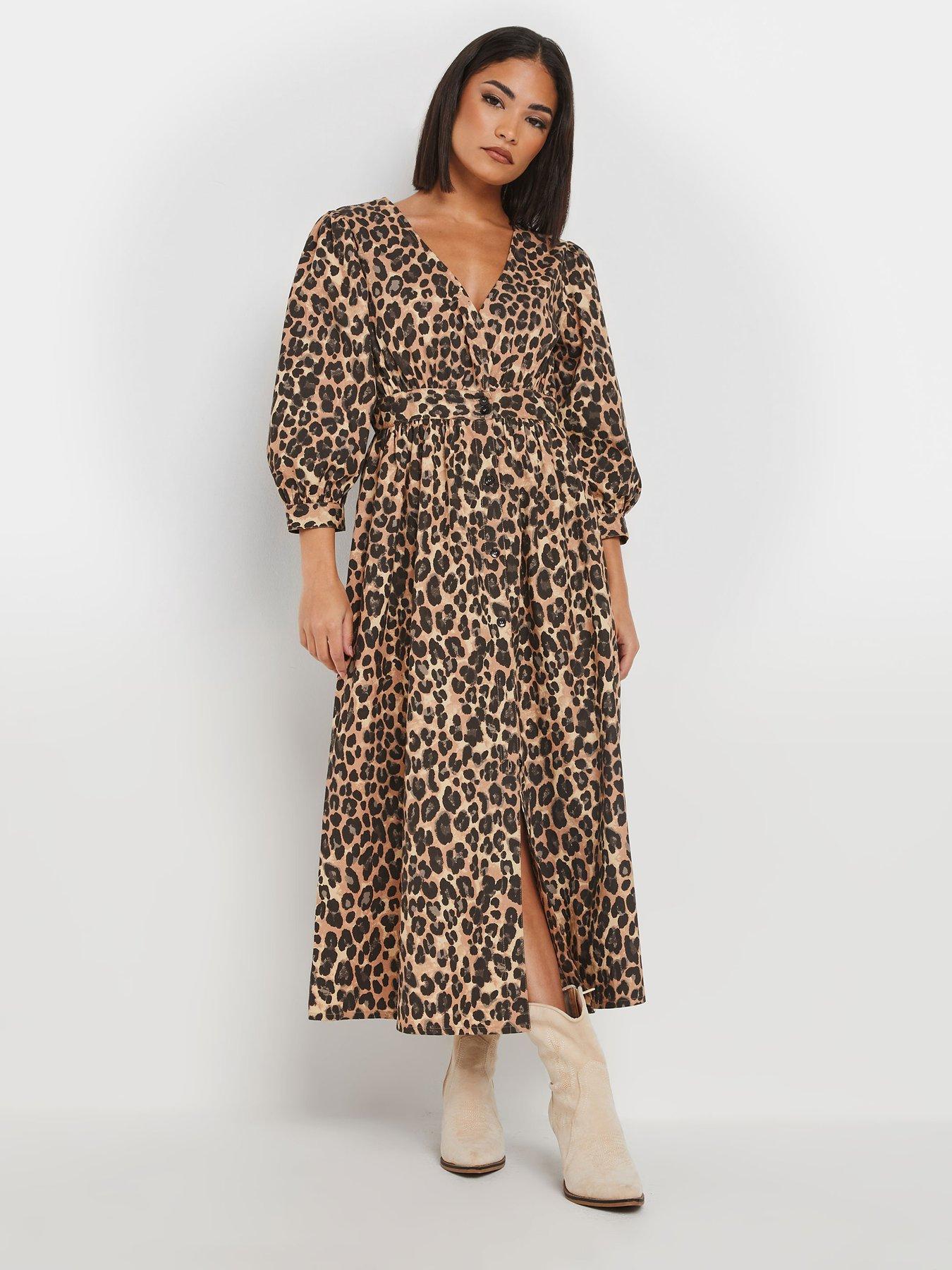 Image 3 of 4 of PixieGirl Petite Animal Long Sleeve Button Front Midi Dress - Natural