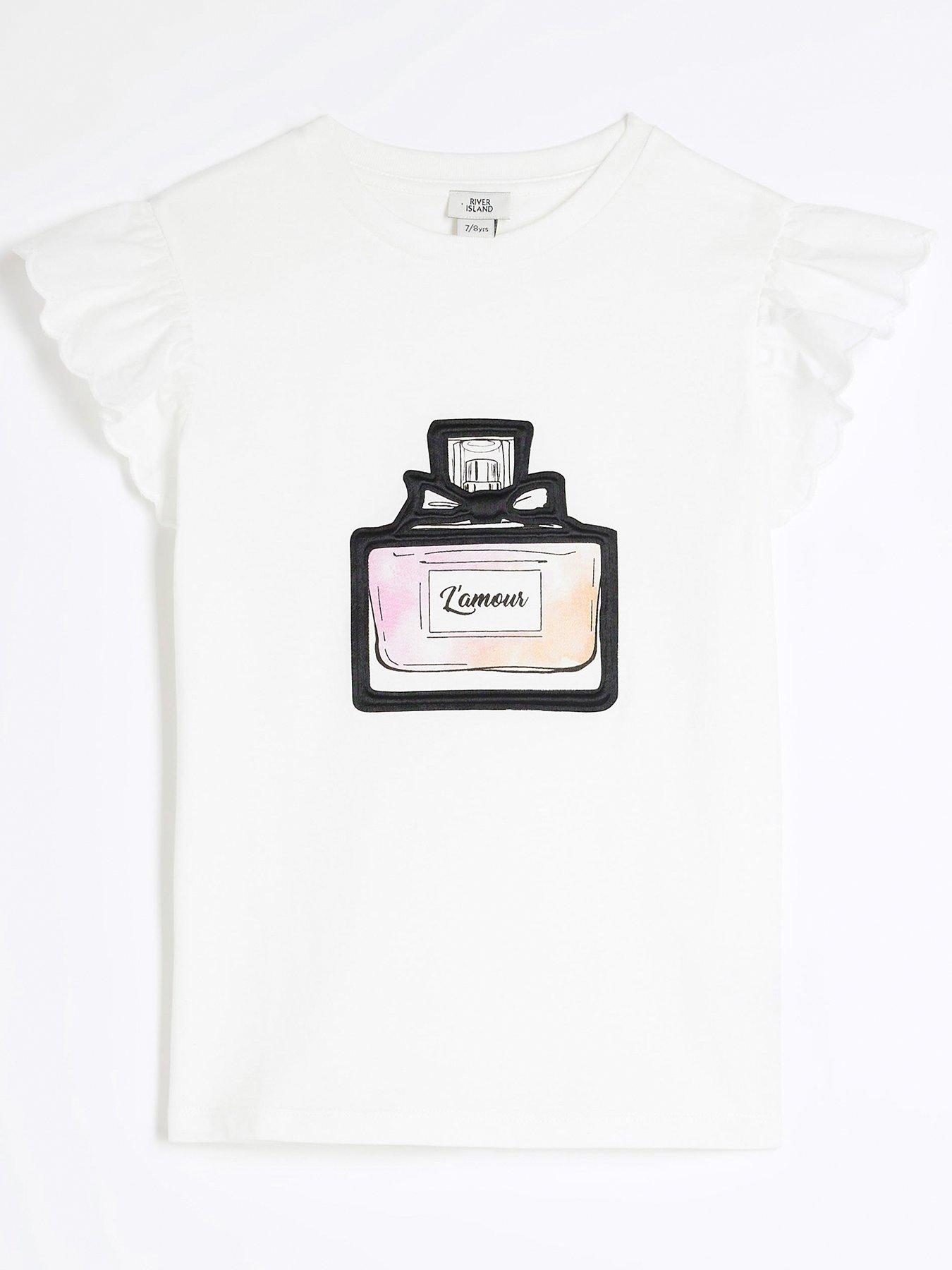 Image 1 of 4 of River Island Girls Perfume Frill Sleeve T-Shirt - White