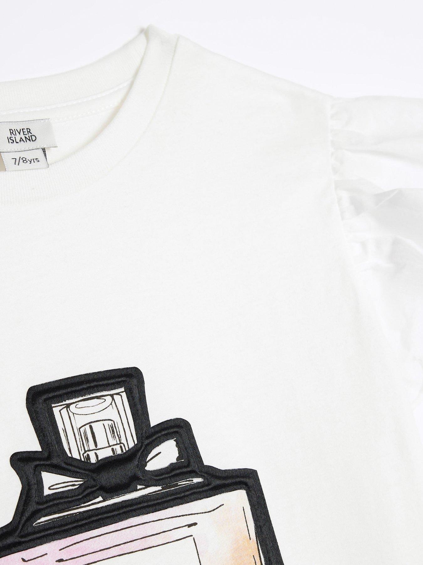 Image 3 of 4 of River Island Girls Perfume Frill Sleeve T-Shirt - White