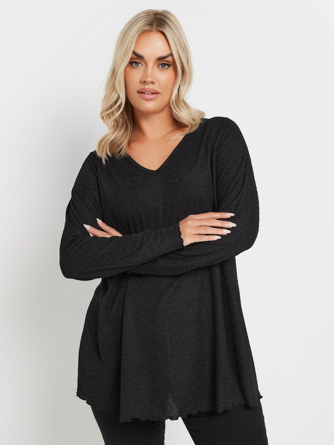 undefined Curve Long Sleeve Textured V-Neck Top - Black