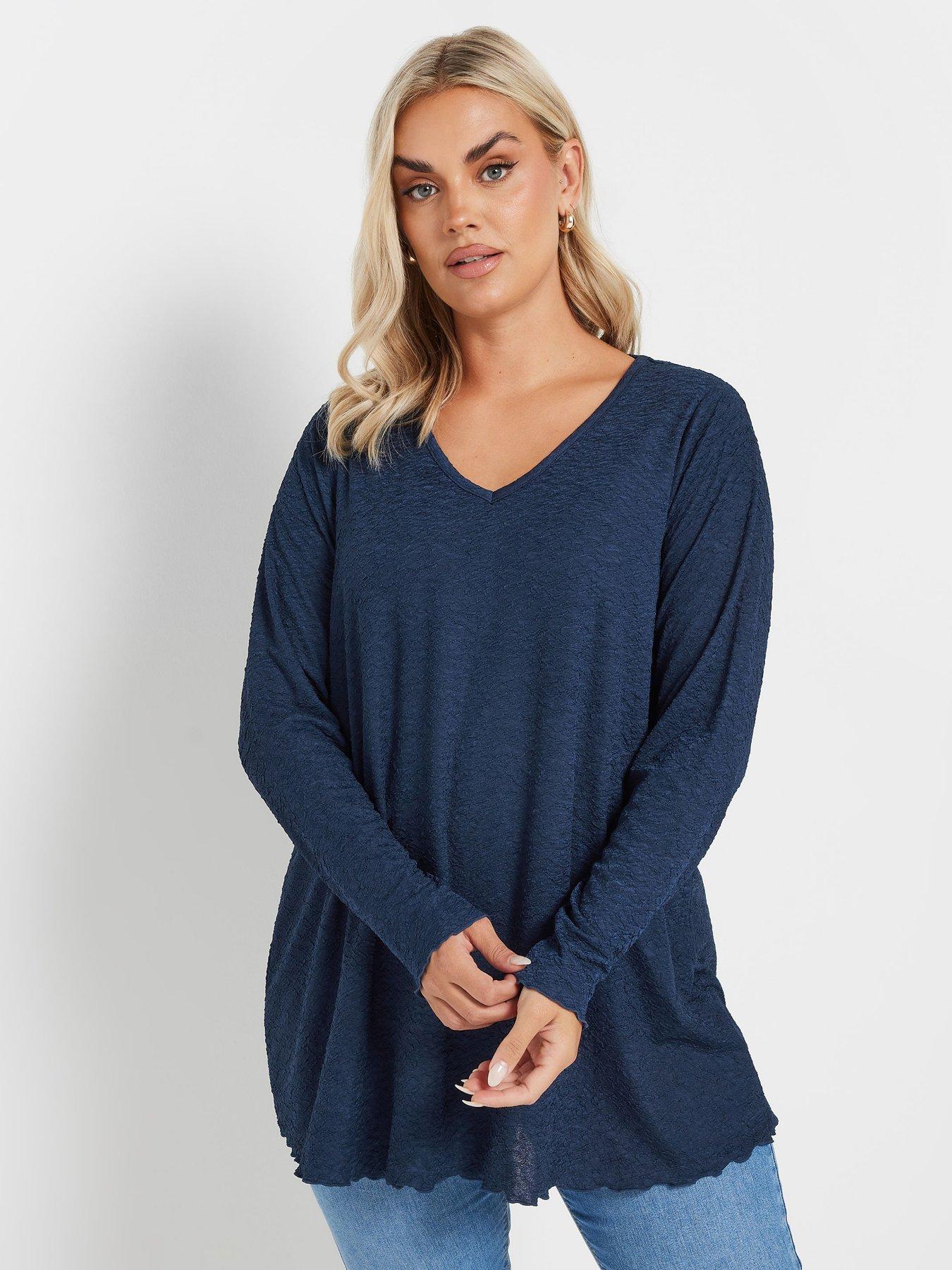 undefined Curve Long Sleeve Textured V-Neck Top - Blue