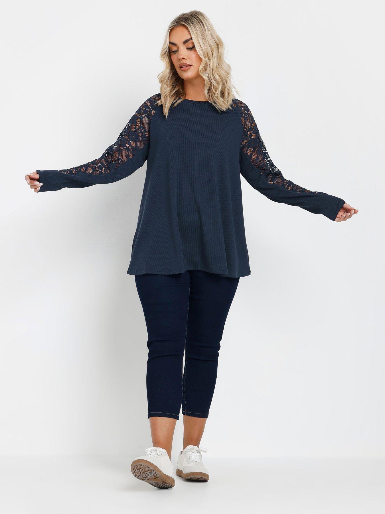Image 2 of 3 of Yours Curve Raglan Lace A-Line T-Shirt - Blue