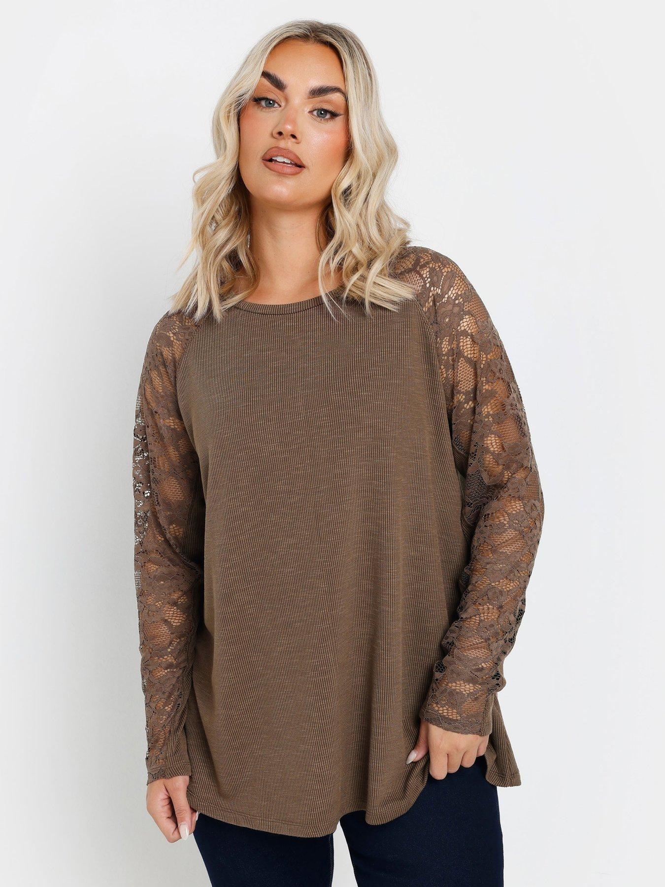 Yours Curve Raglan Lace A-Line T-Shirt - Brown | Very