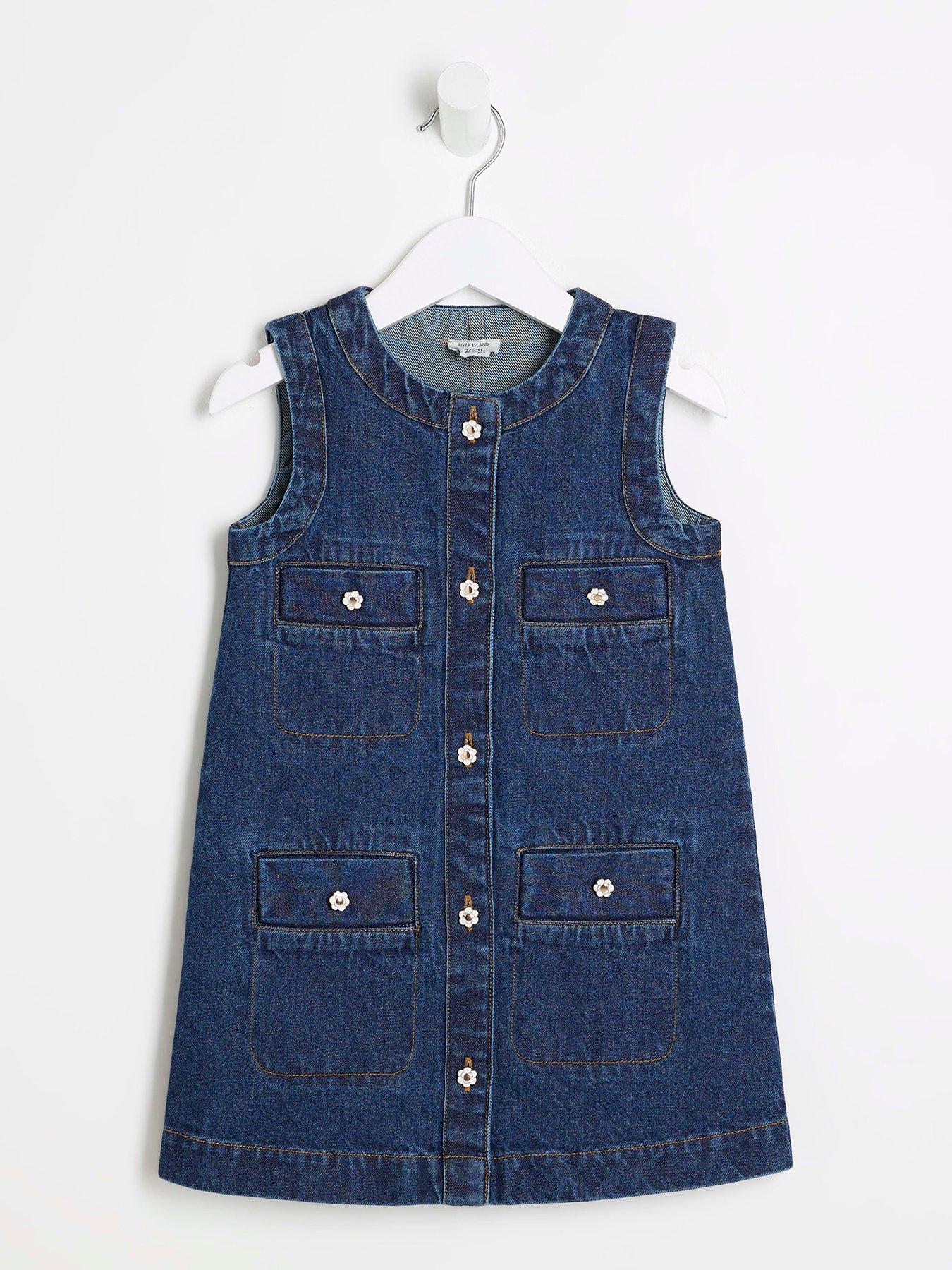 undefined Mini Girls Denim Buttoned Pinafore Dress - Blue