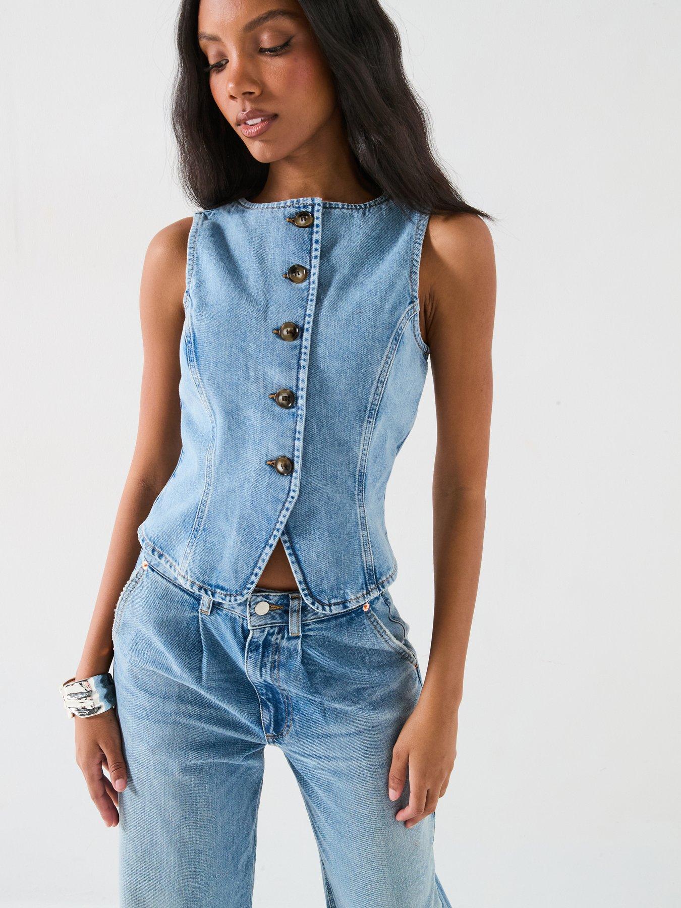 V by Very: Denim Co-Ord Asymmetric Waistcoat - Mid Wash