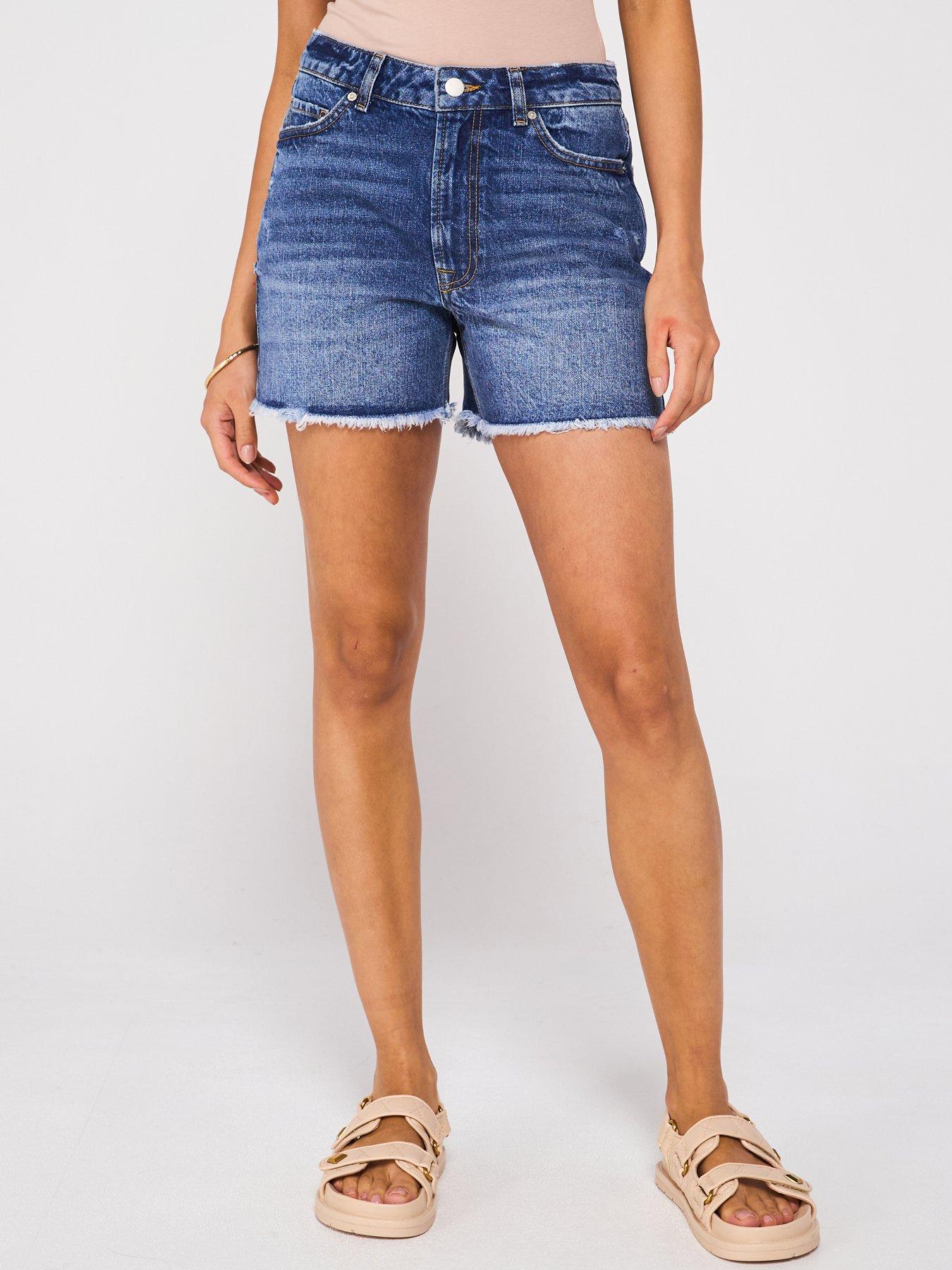 undefined Distressed High Waist Shorts - Mid Wash