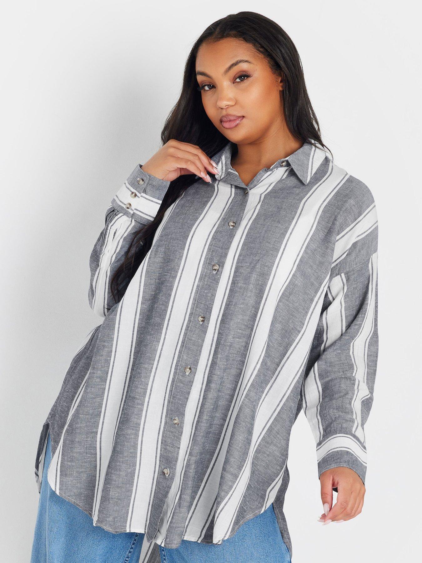 undefined Curve Long Sleeve Striped Linen Shirt - Blue