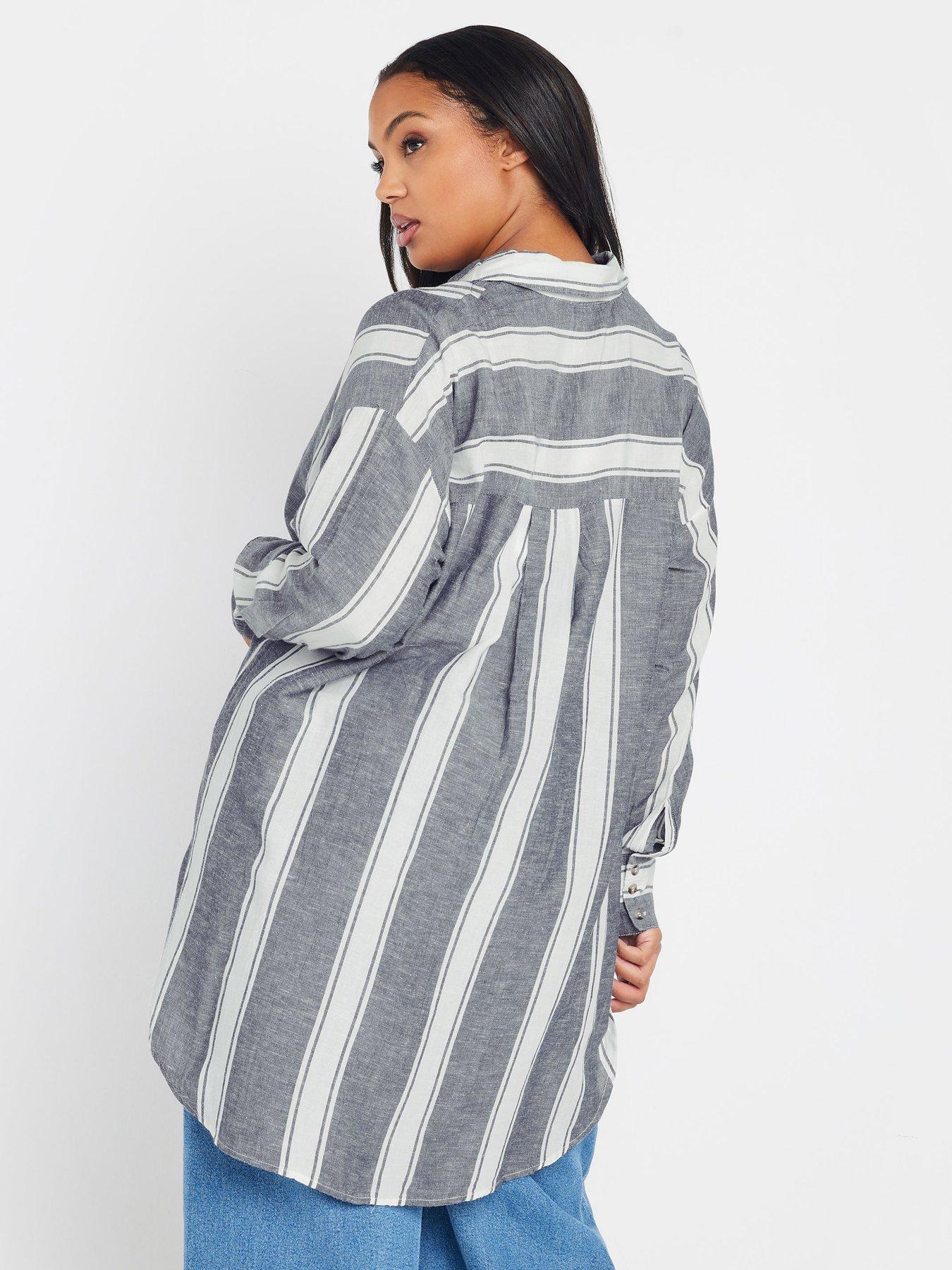 Image 2 of 4 of Yours Curve Long Sleeve Striped Linen Shirt - Blue
