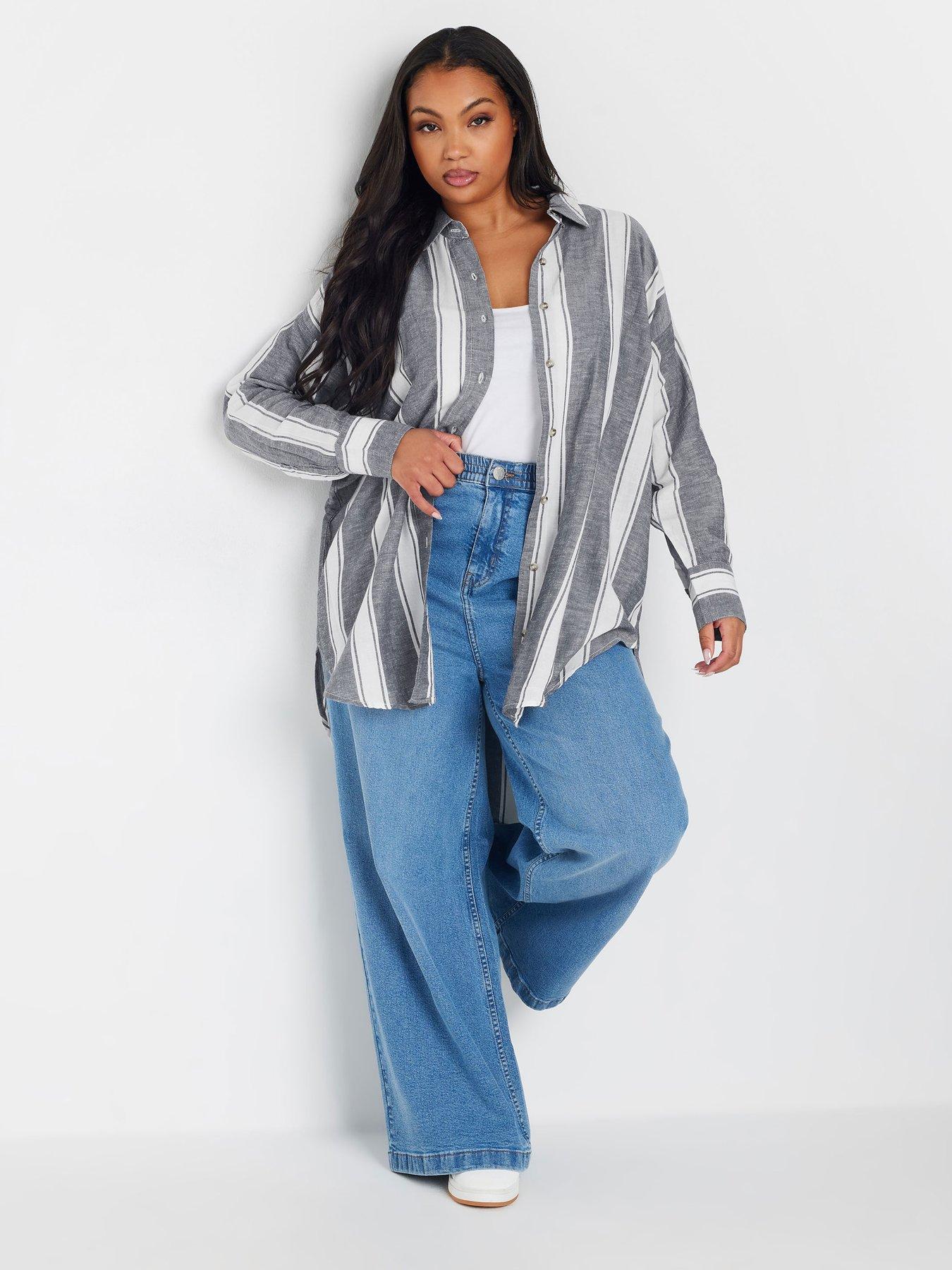 Image 3 of 4 of Yours Curve Long Sleeve Striped Linen Shirt - Blue