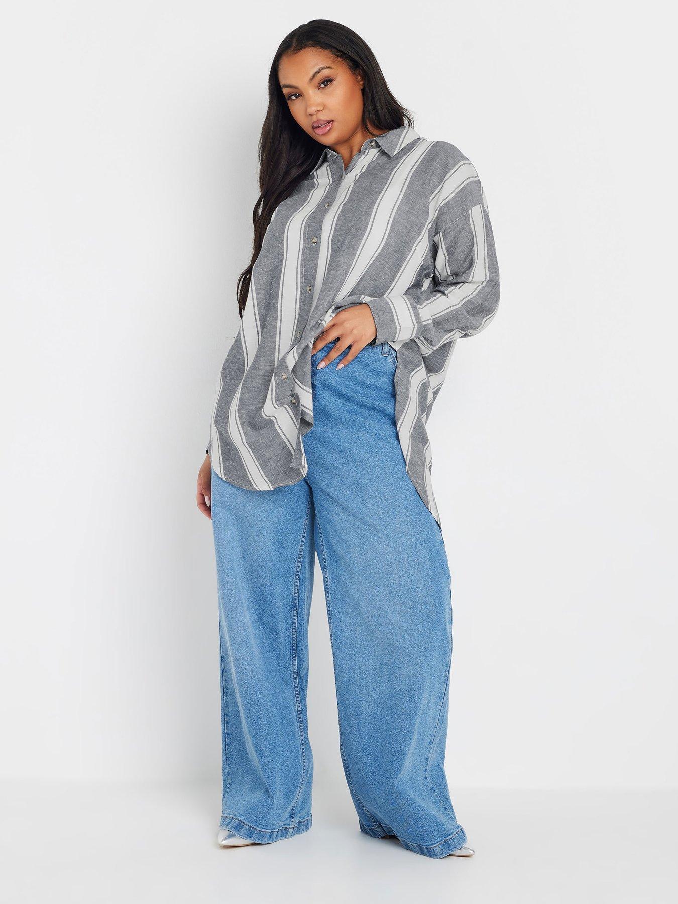 Image 4 of 4 of Yours Curve Long Sleeve Striped Linen Shirt - Blue