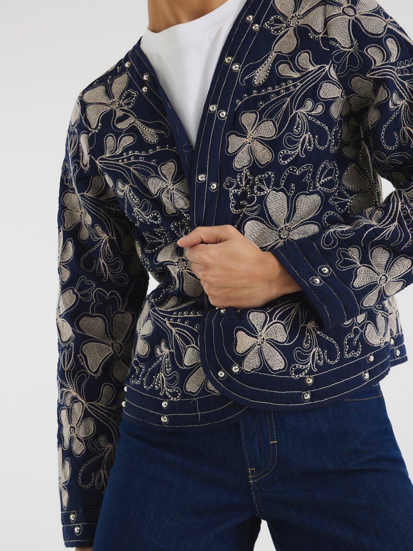 Image 1 of 6 of River Island Floral Studded Jacket - Navy