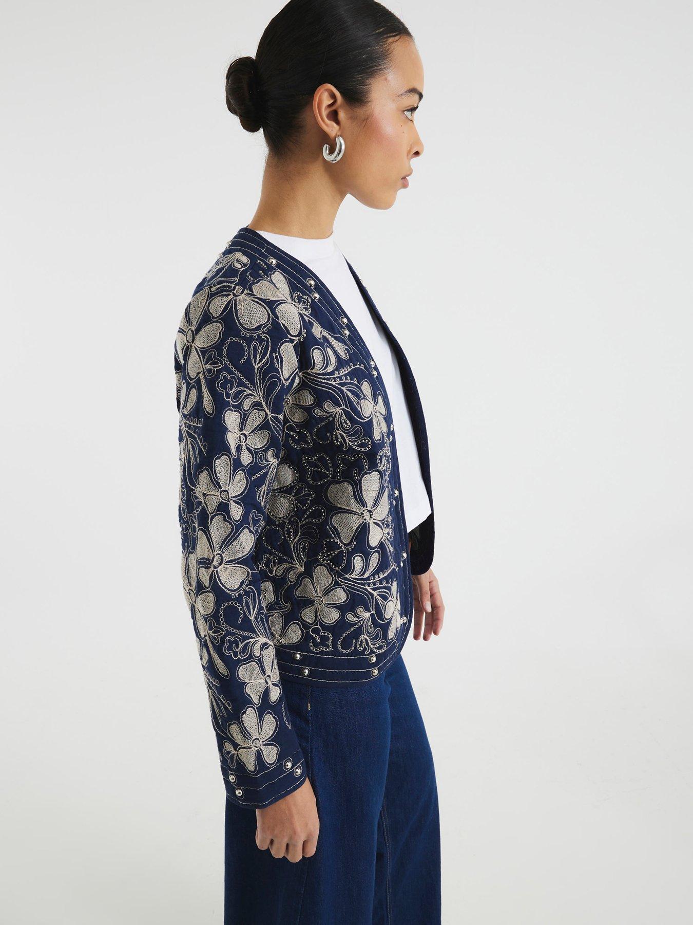 Image 2 of 6 of River Island Floral Studded Jacket - Navy