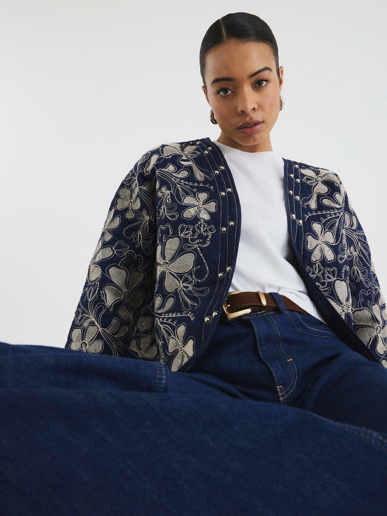 Image 4 of 6 of River Island Floral Studded Jacket - Navy