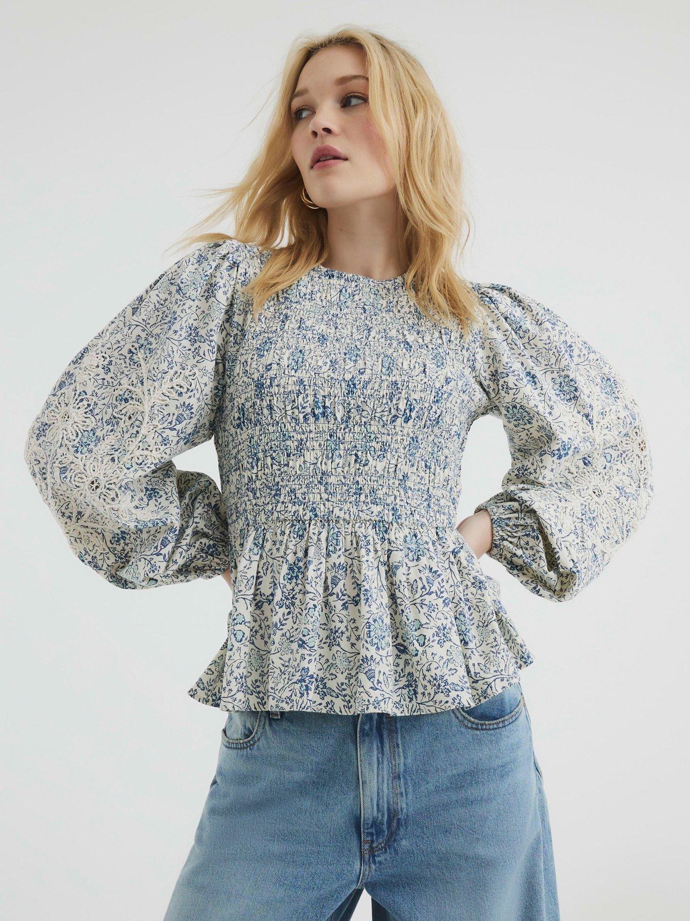 Image 1 of 5 of River Island Shirred Bodice Top - Blue