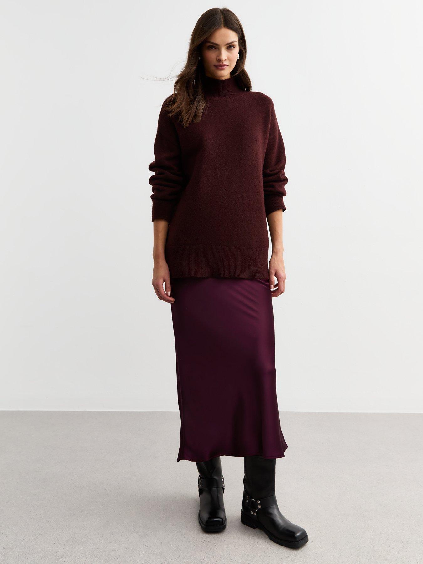 New Look Burgundy Satin Bias Cut Midi Skirt - Red