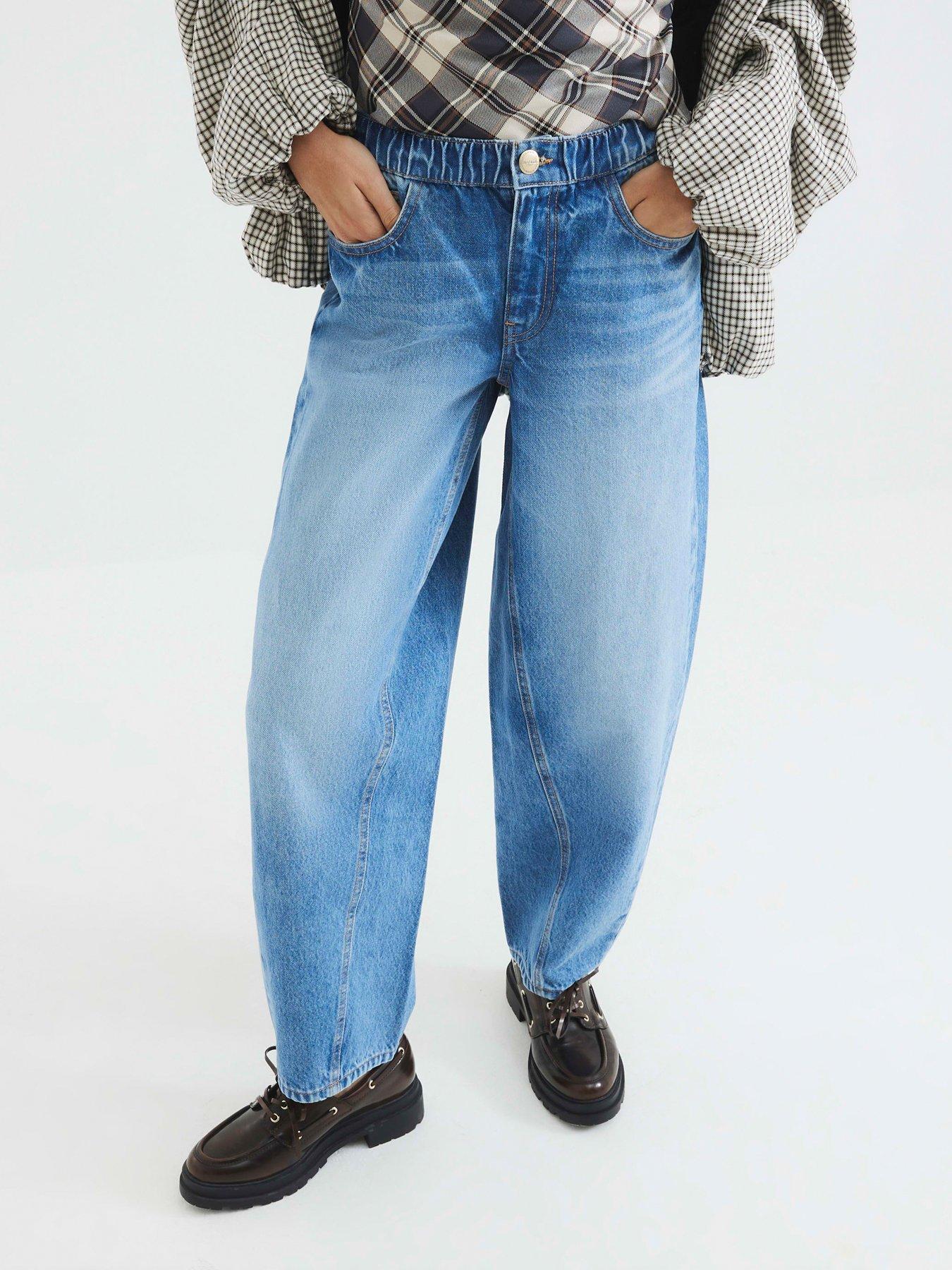 Image 1 of 5 of River Island Elasticated Barrel Jean - Medium Blue Denim