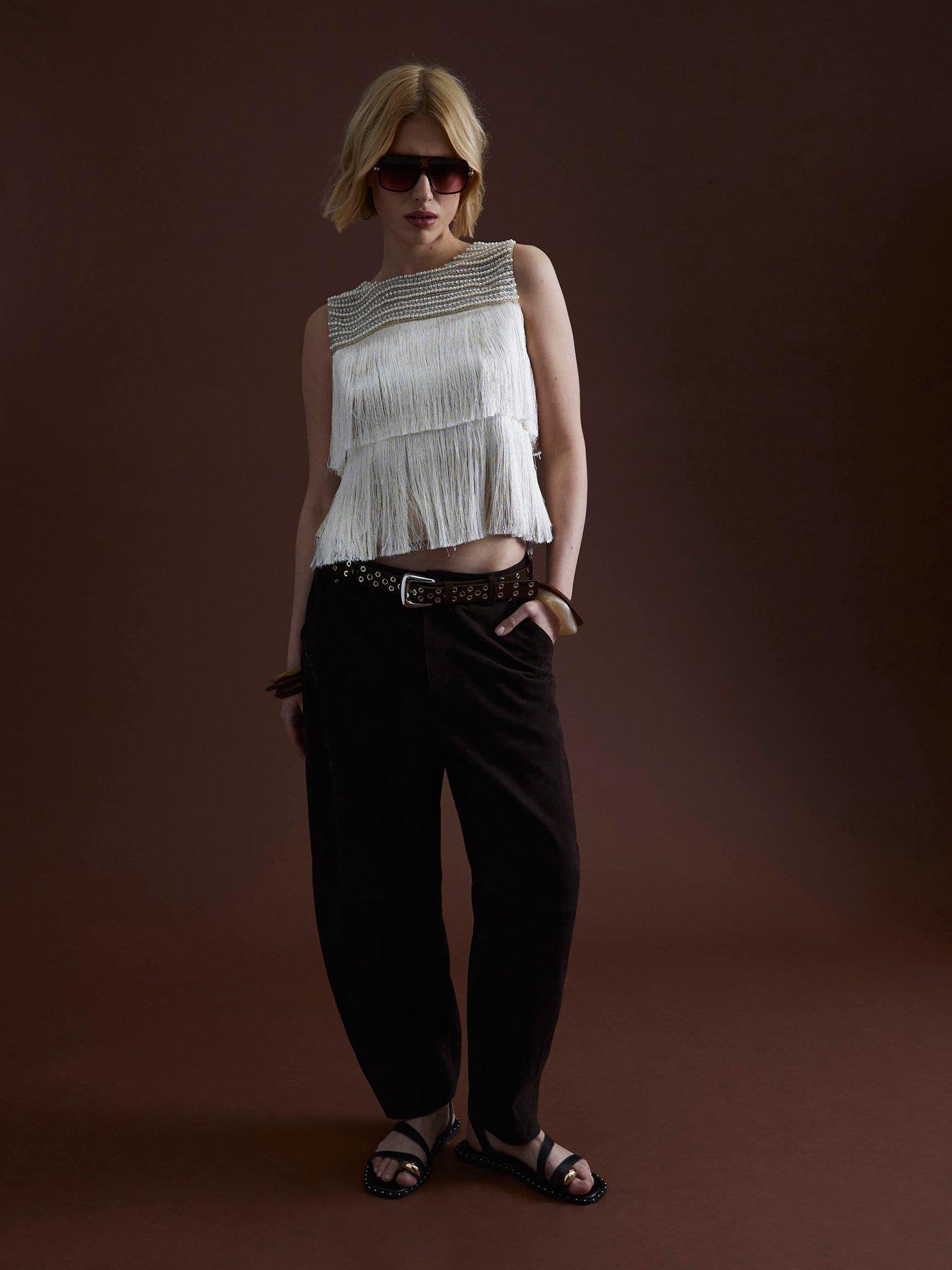 undefined Fringe Tassel Top - Beige