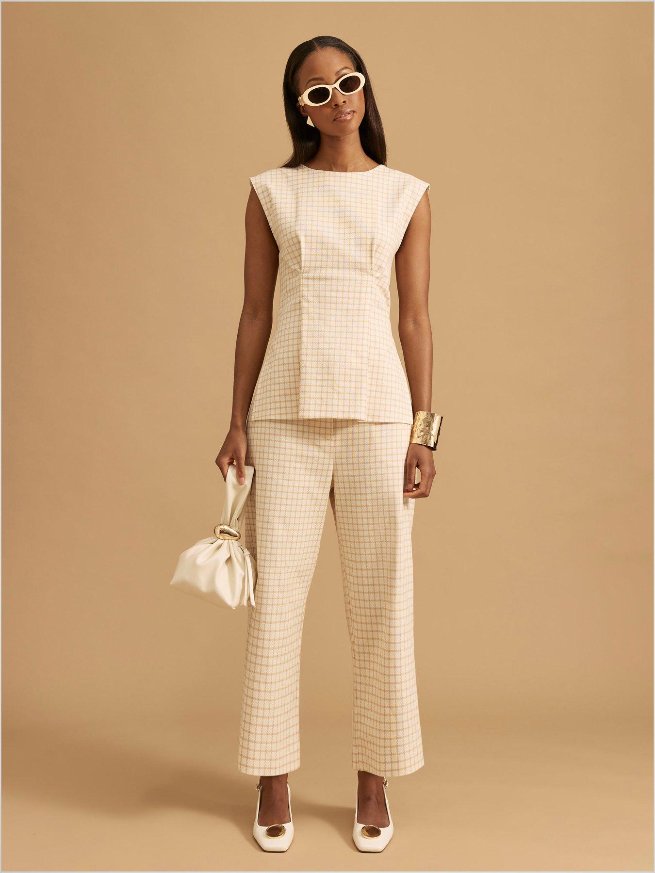 undefined Tailored Darted Check Tunic Top - Cream