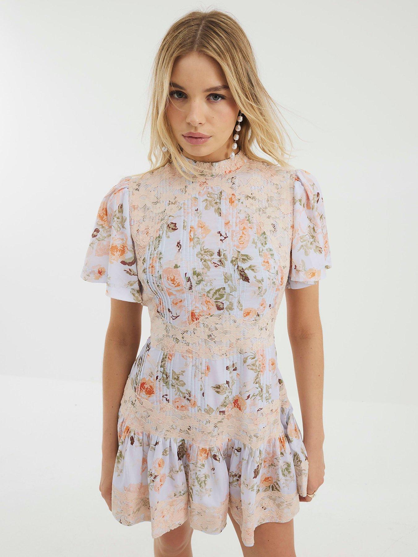 undefined Floral Print Lace Mini Dress - Blue