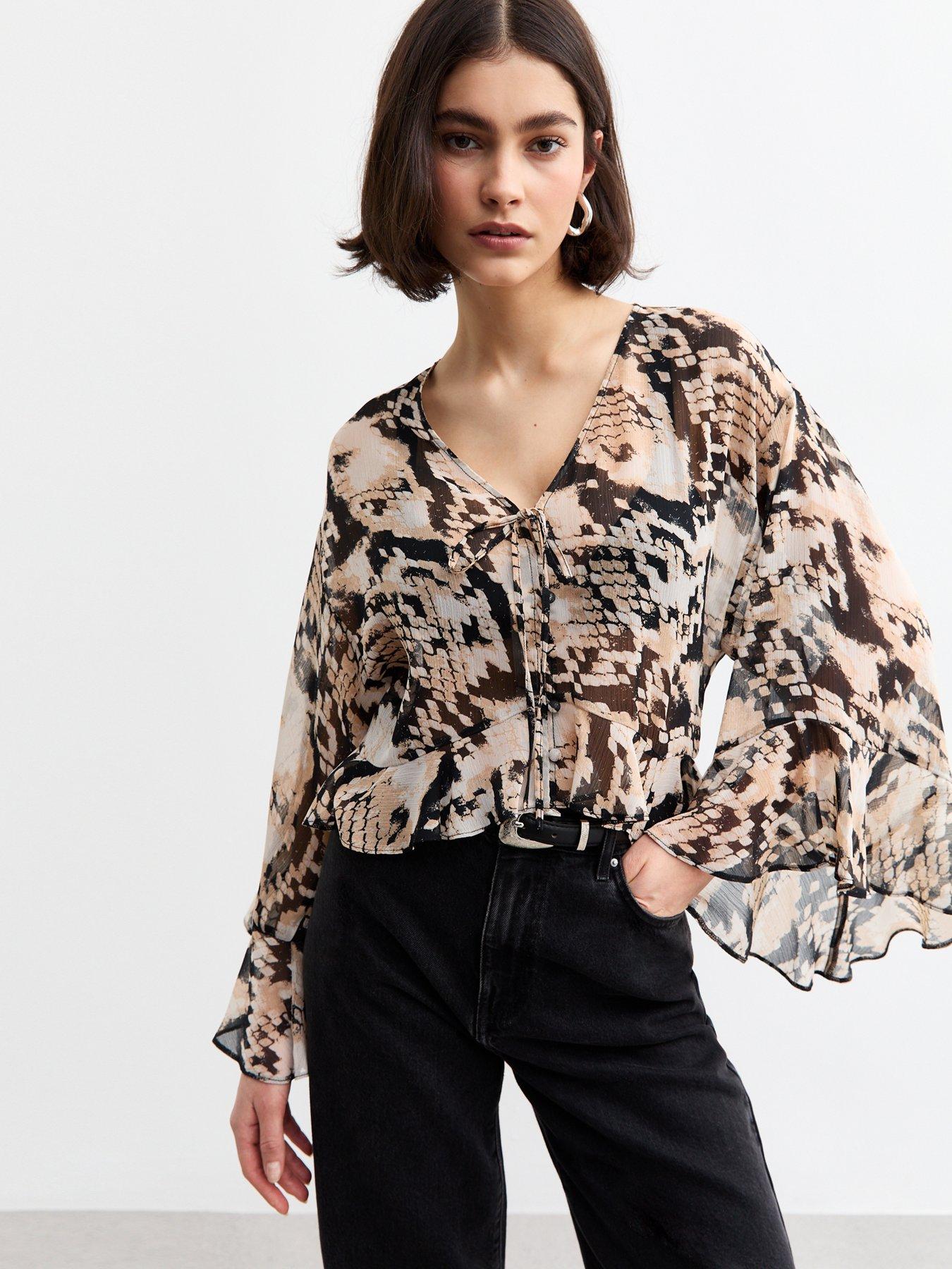 New Look Snake Print Flared Sleeve Chiffon Blouse - Black