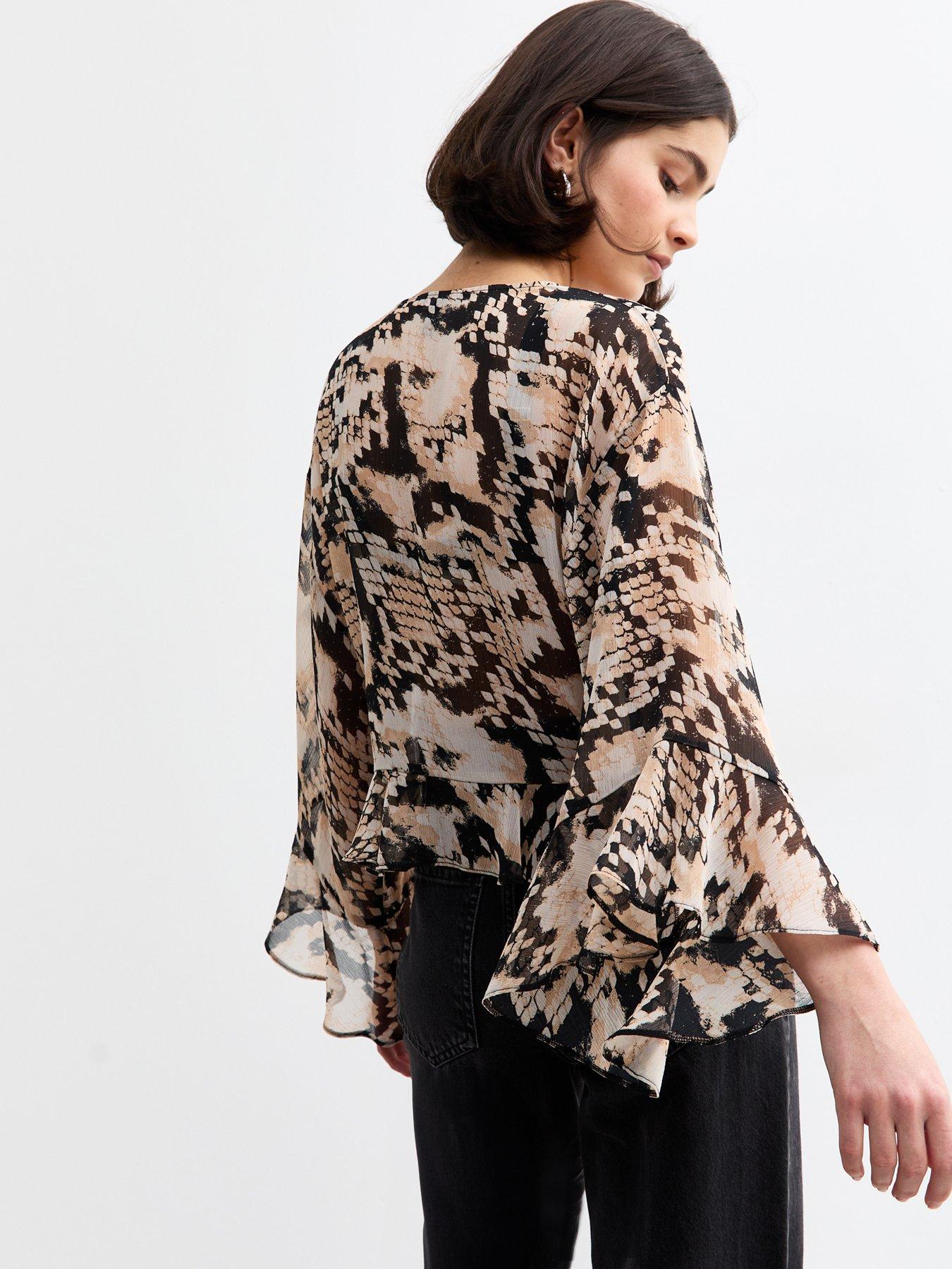 Image 2 of 4 of New Look Snake Print Flared Sleeve Chiffon Blouse - Black
