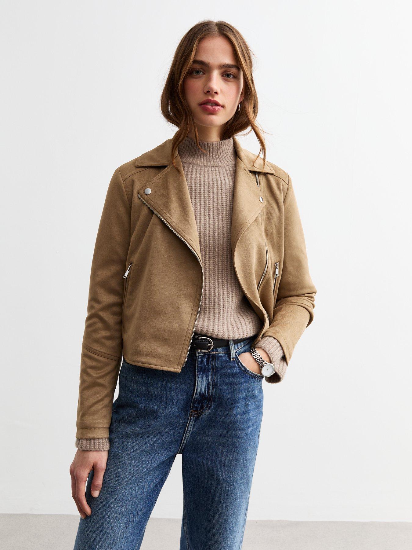 New Look Tan Faux Suede Biker Jacket Very