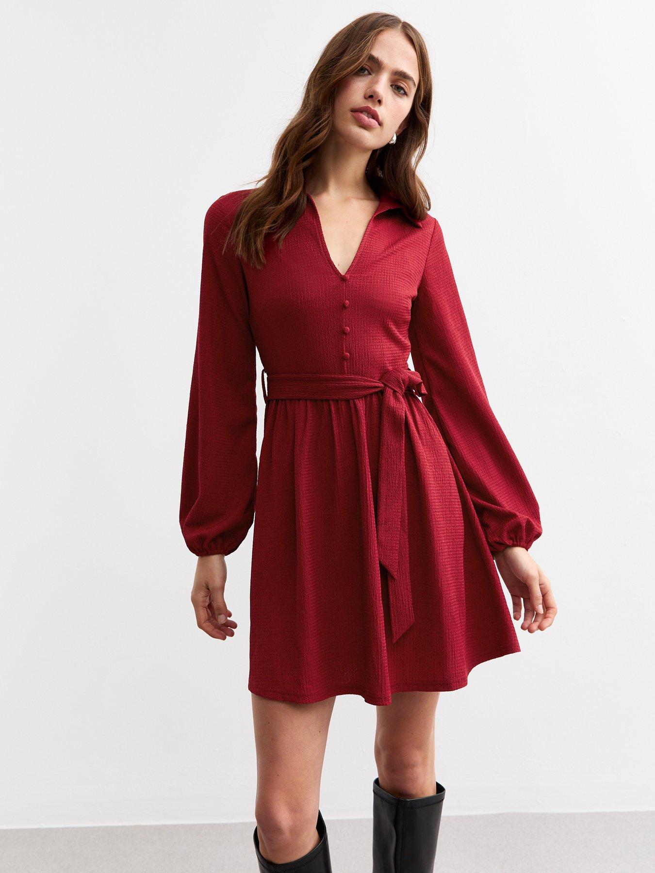 undefined Burgundy Crinkled Long Sleeve Mini Dress