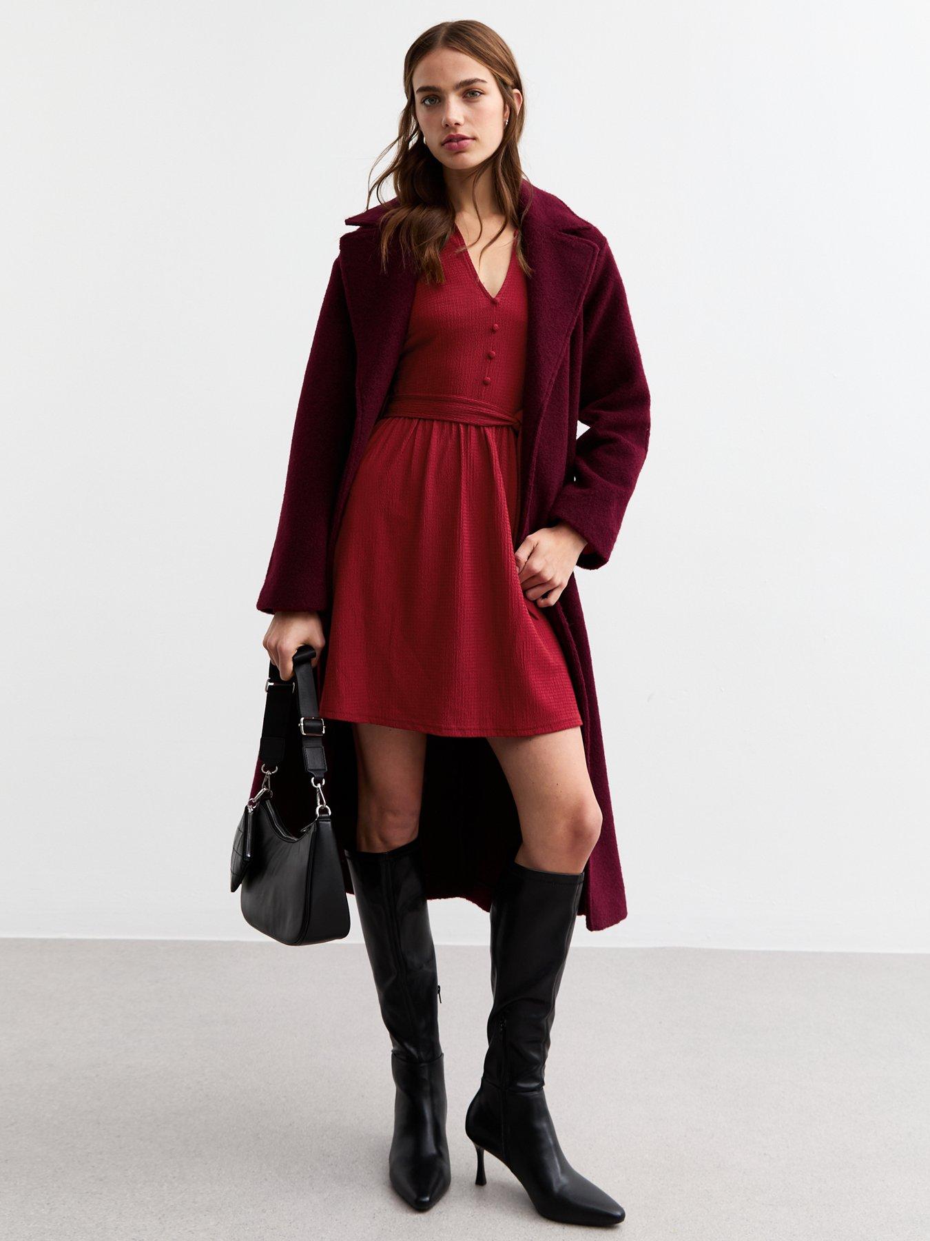 Image 3 of 4 of New Look Burgundy Crinkled Long Sleeve Mini Dress