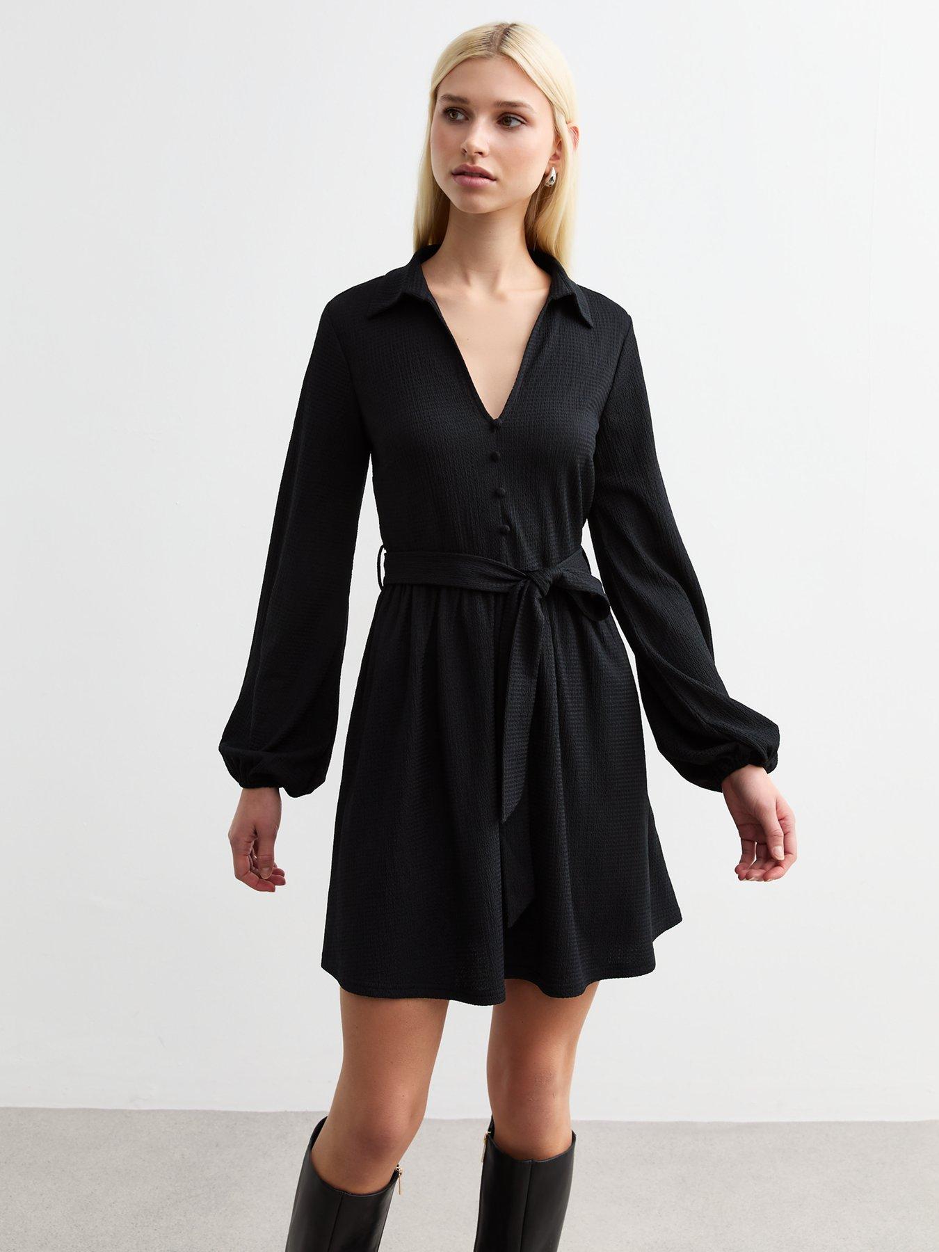 undefined Black Crinkled Long Sleeve Mini Dress