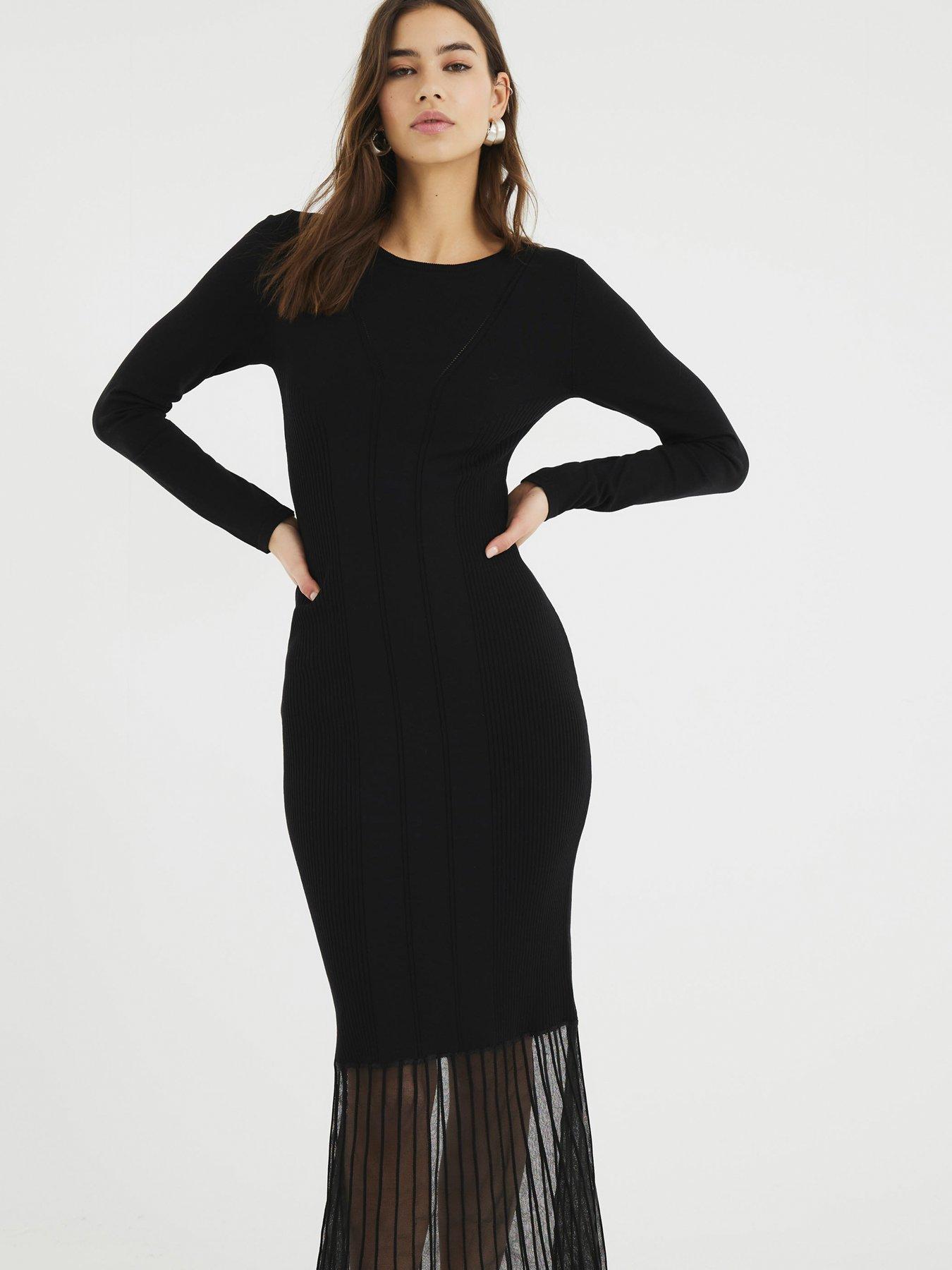 knee length dresses for ladies River Island Black Satin Tailored Maxi Dress main image 1
