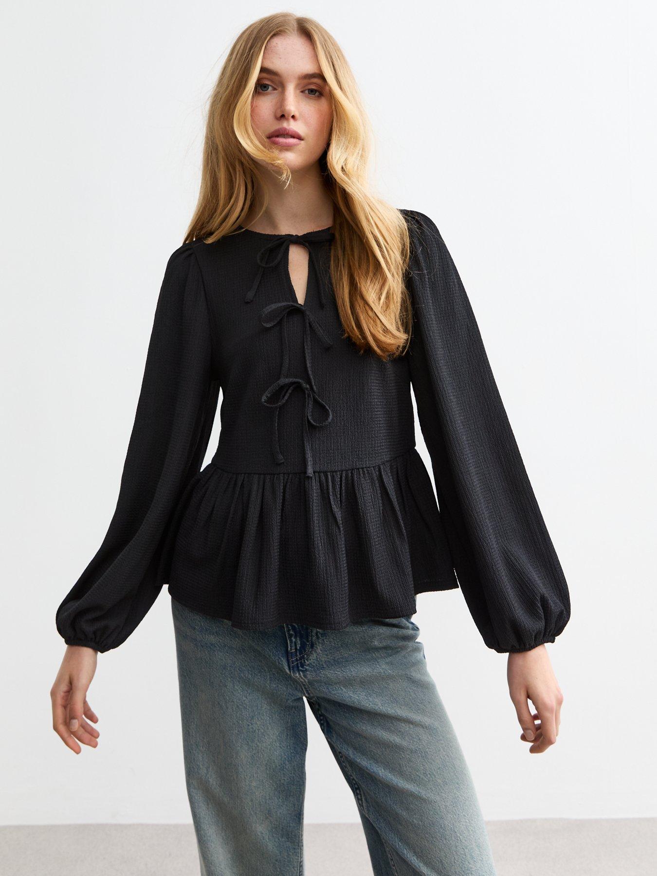 undefined Tie Front Crinkle Long Sleeve Top - Black