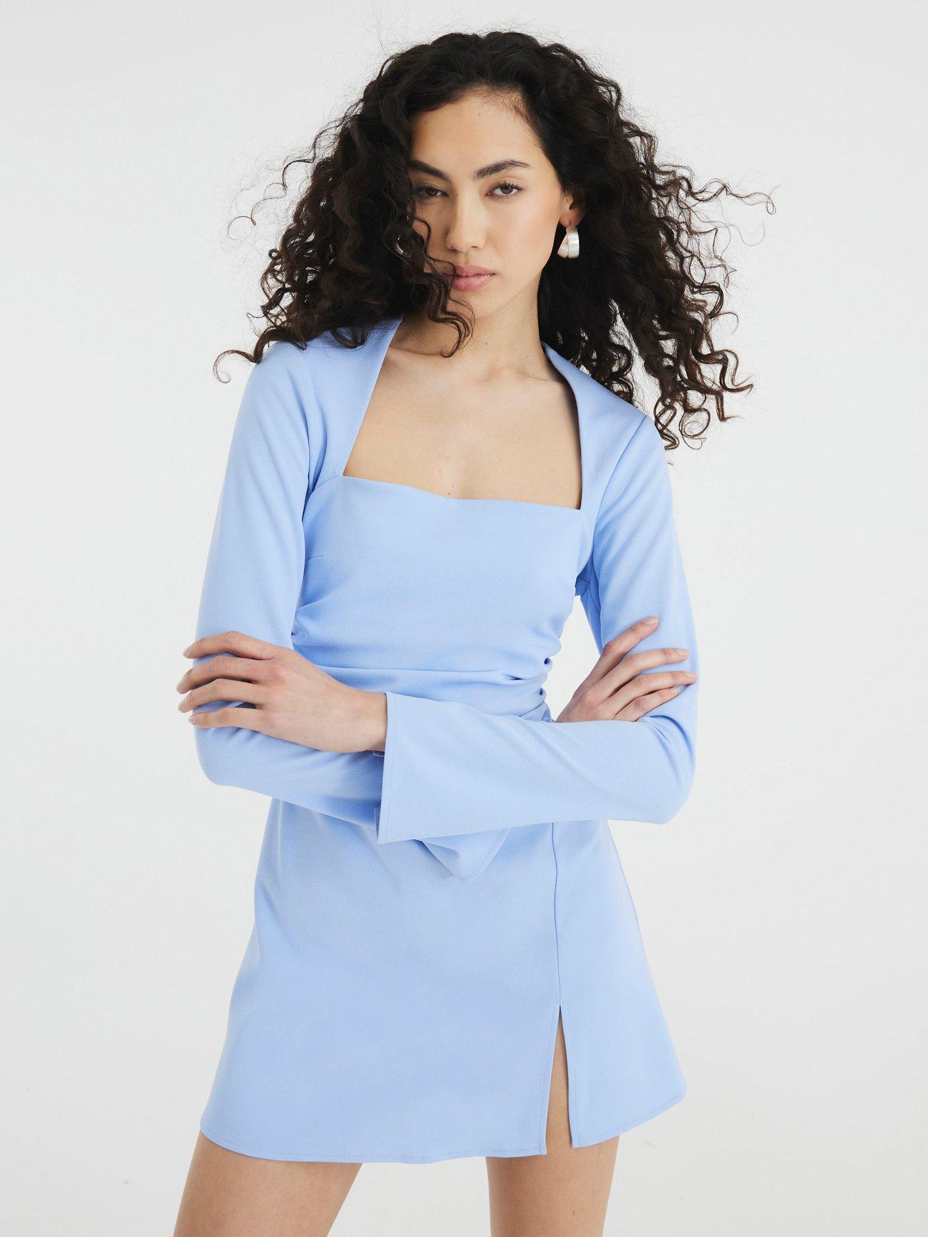 undefined Square Neck A-Line Mini Dress - Light Blue
