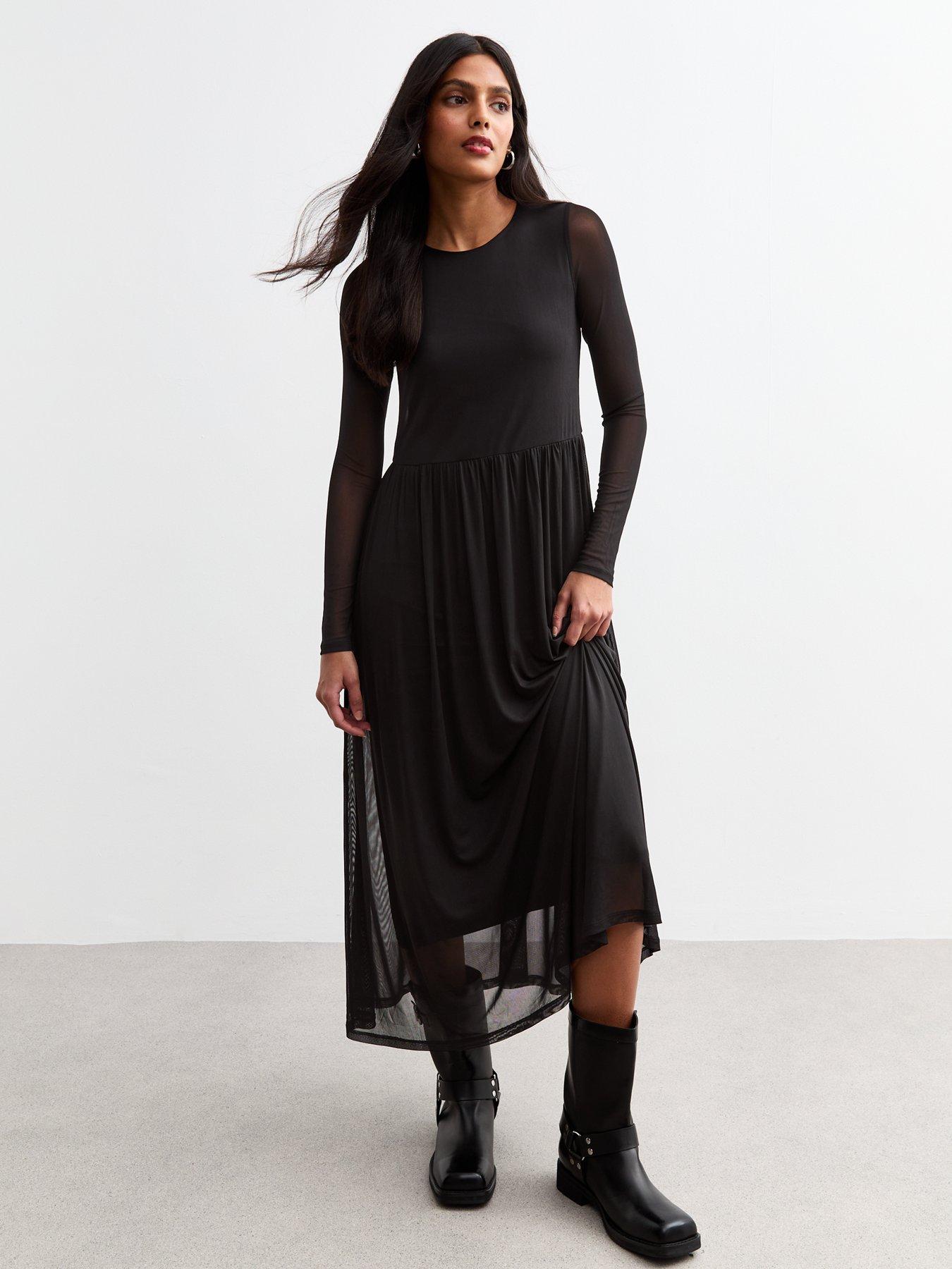 undefined Black Mesh Long Sleeve Midi Dress
