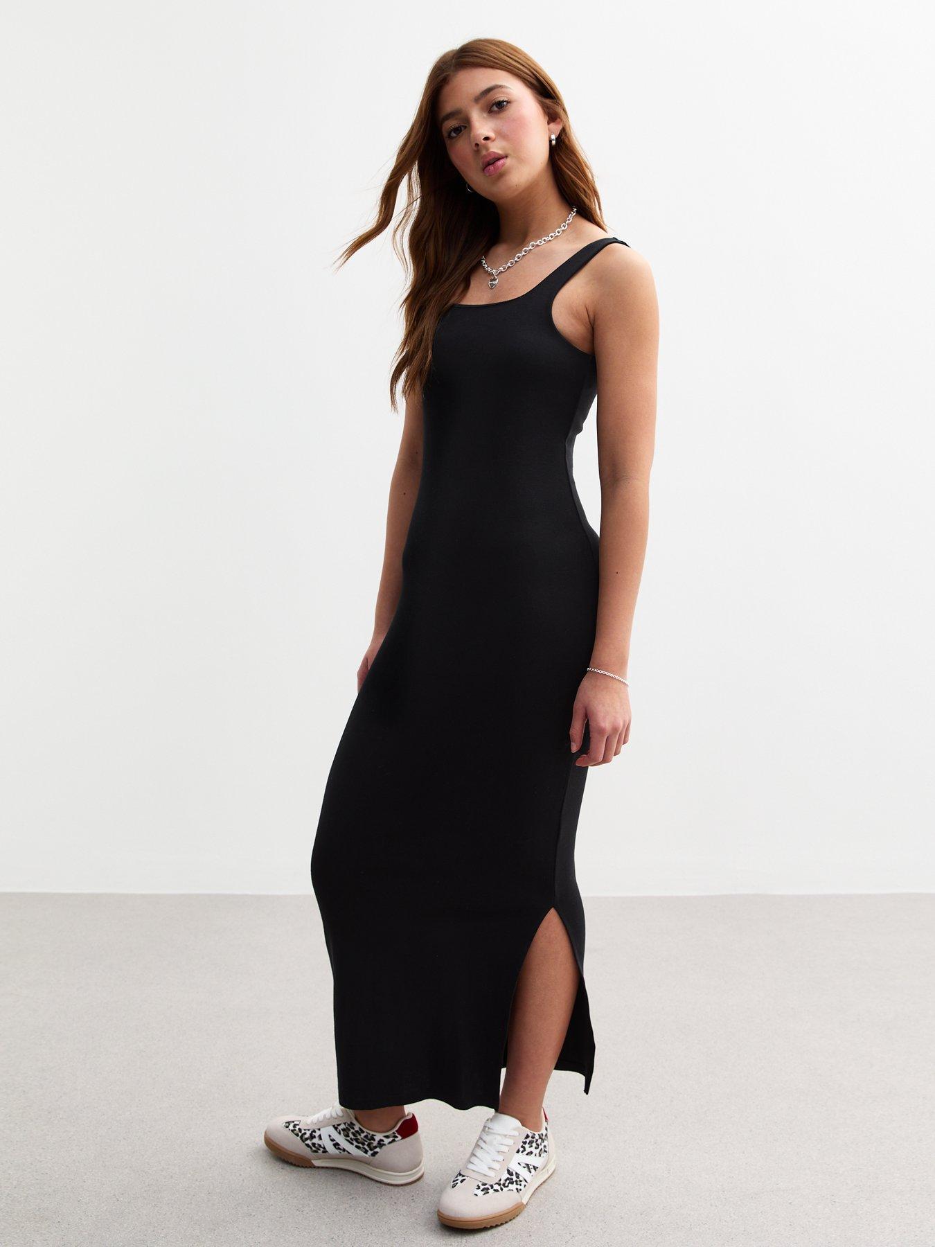 New Look 915 Girls Black Square Neck Slit Hem Maxi Dress Very