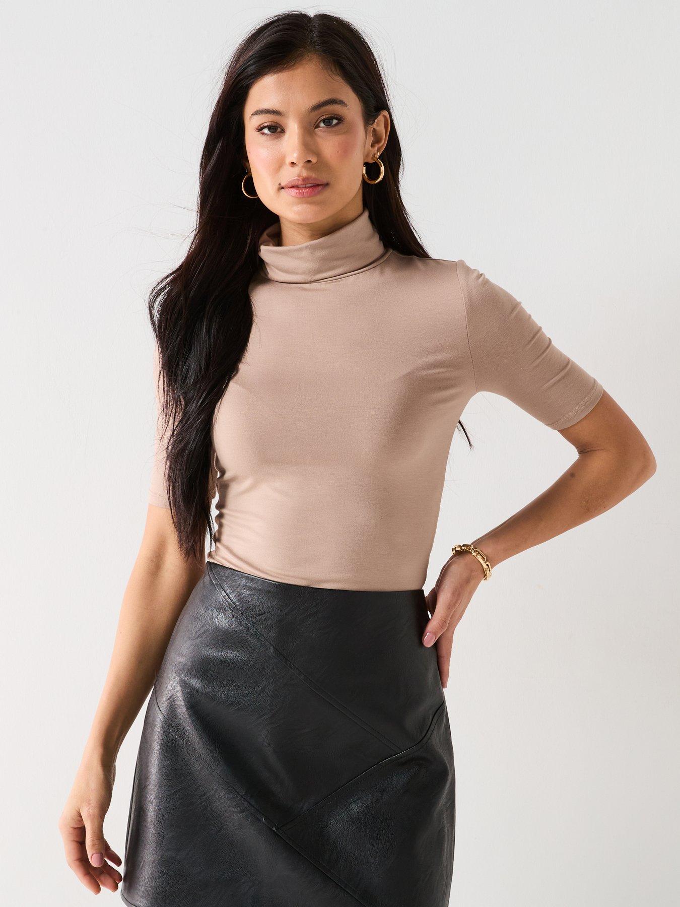 undefined Turtleneck Half Sleeve Top - Taupe