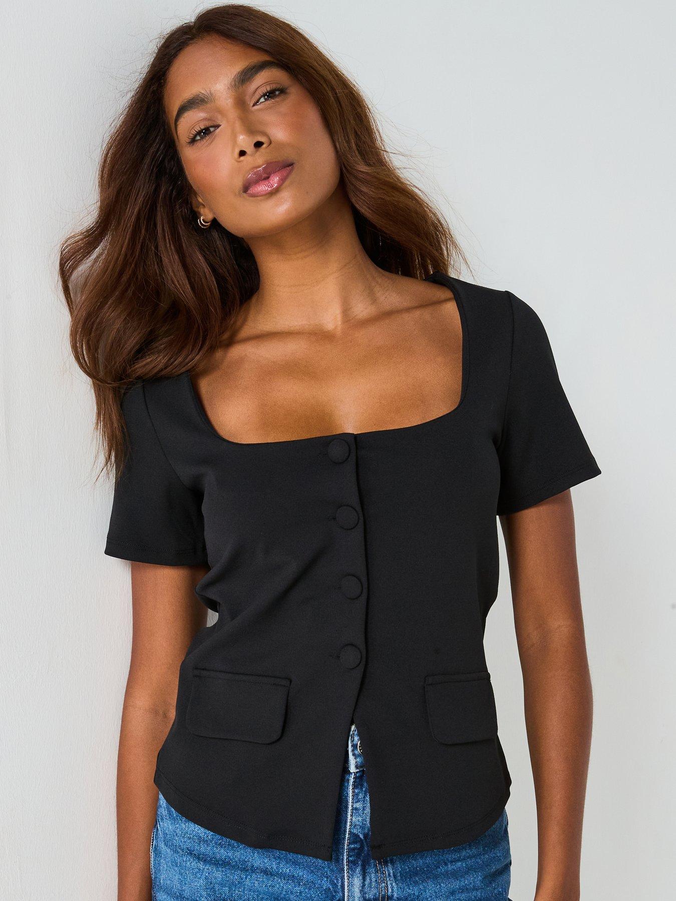 undefined Square Neck Button Up Top - Black