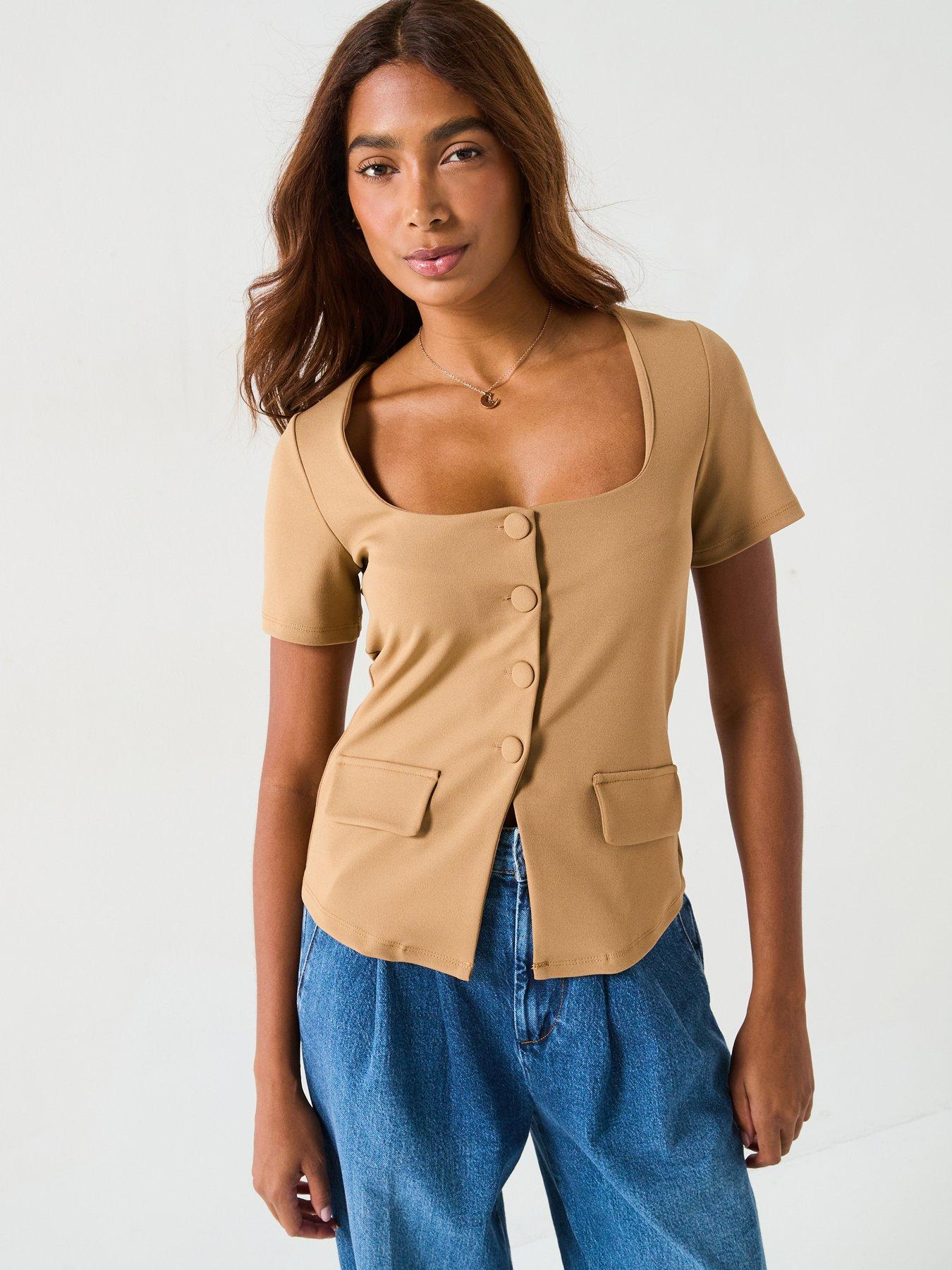 Image 1 of 5 of V by Very Square Neck Button Up Top - Neutral