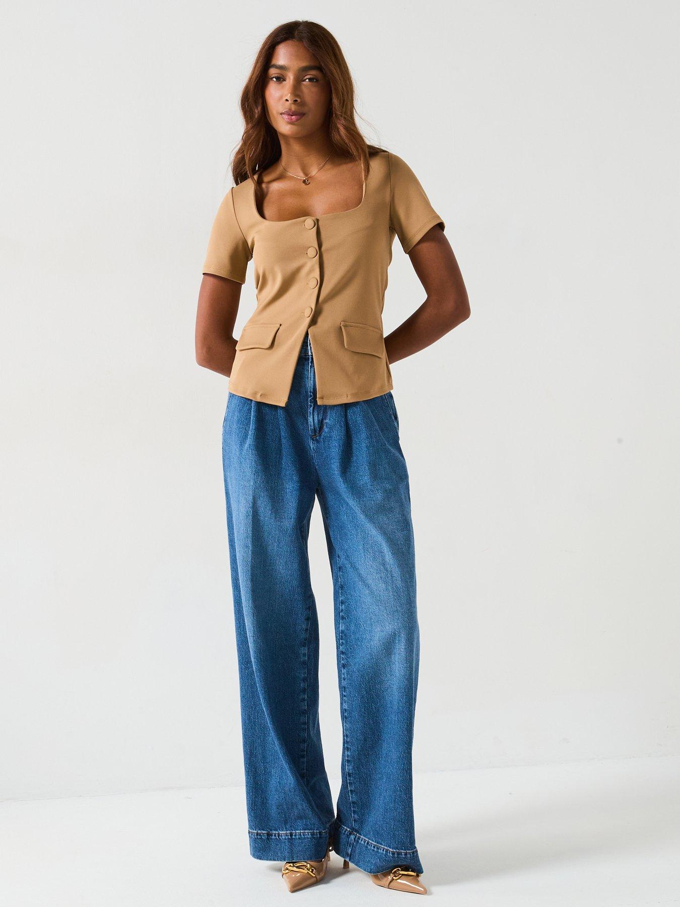 Image 3 of 5 of V by Very Square Neck Button Up Top - Neutral