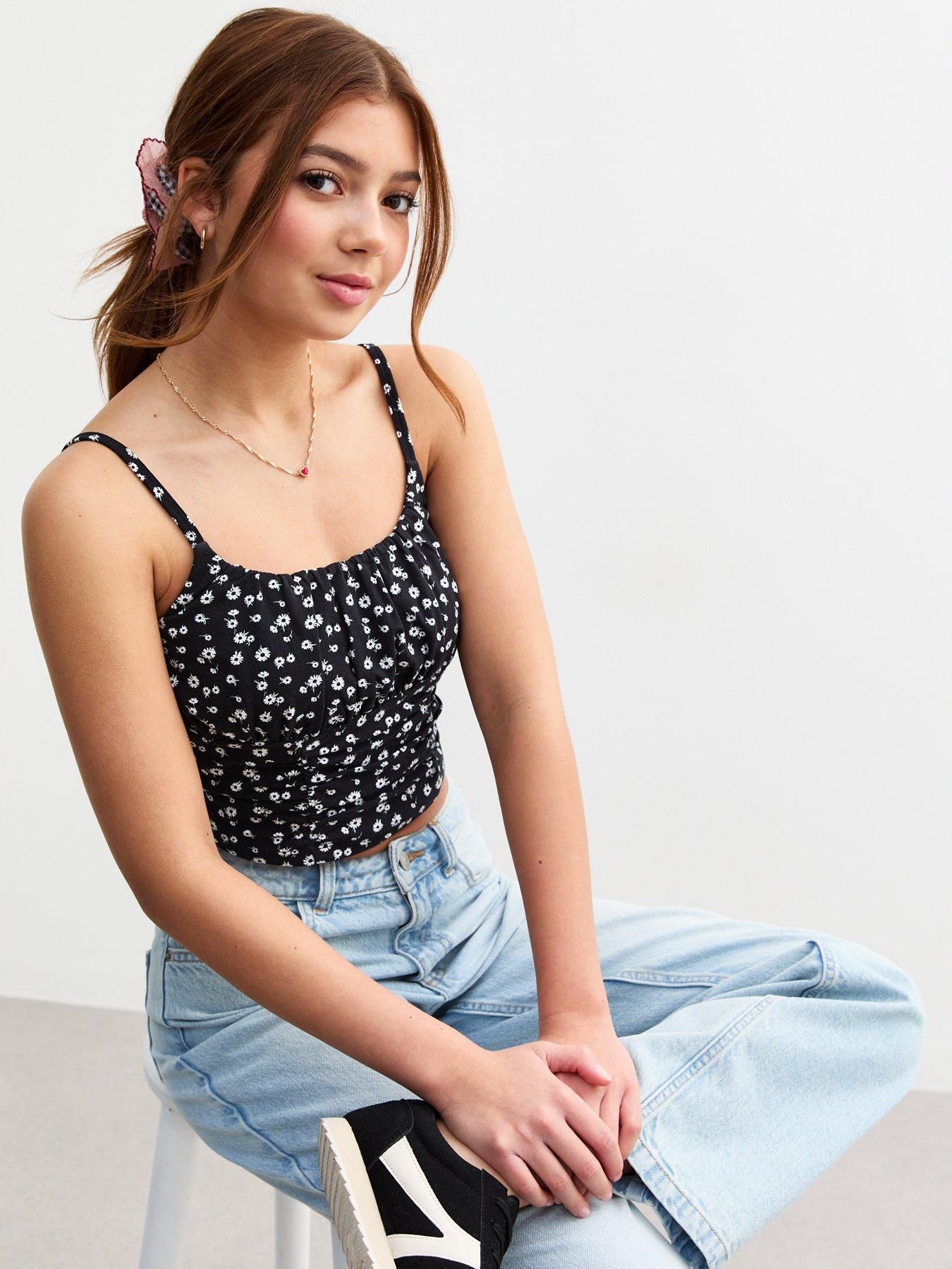 undefined Girls Floral Print Ruched Cropped Cami Top - Black