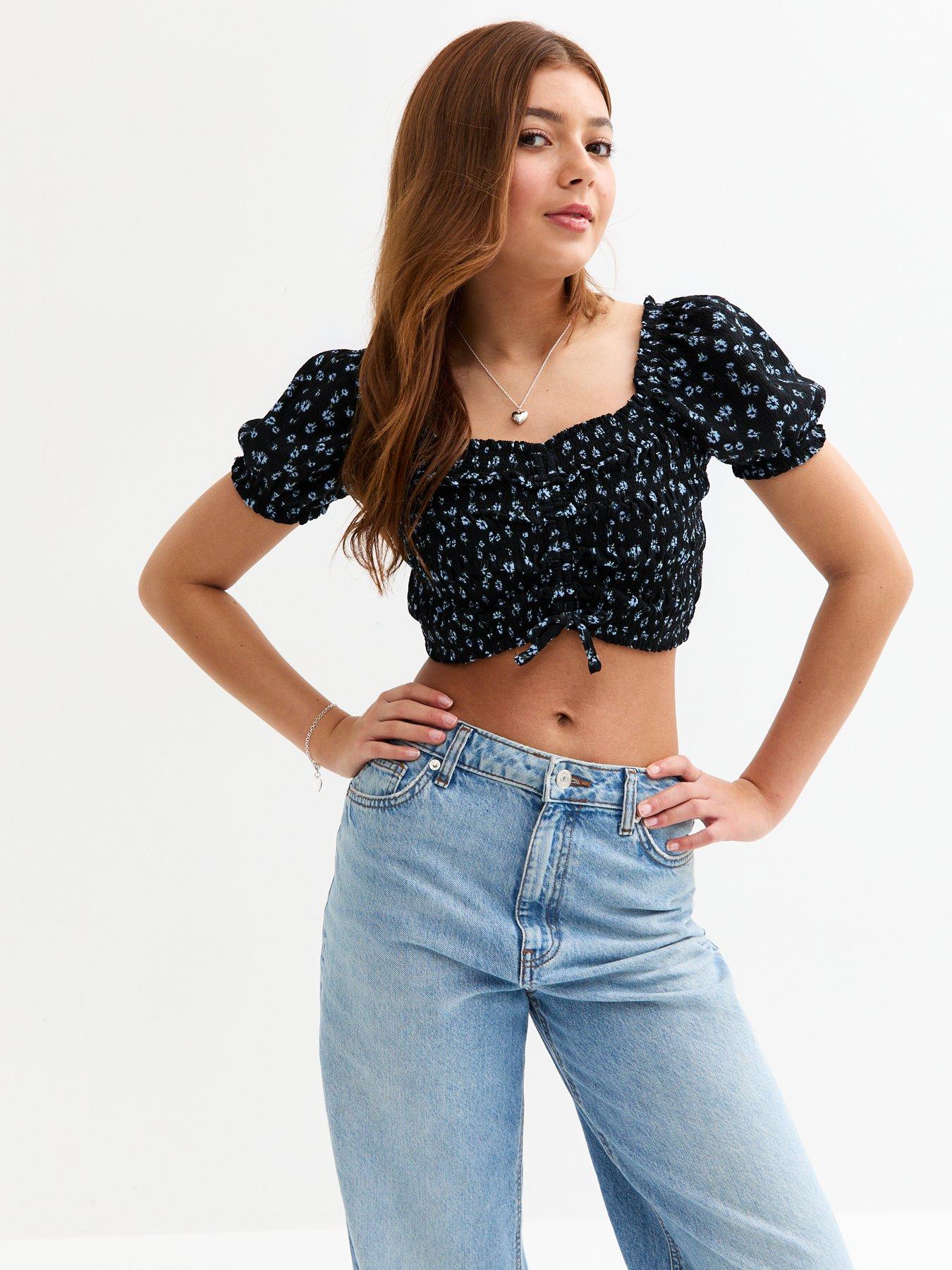 undefined Girls Floral Print Ruched Crop Top - Black