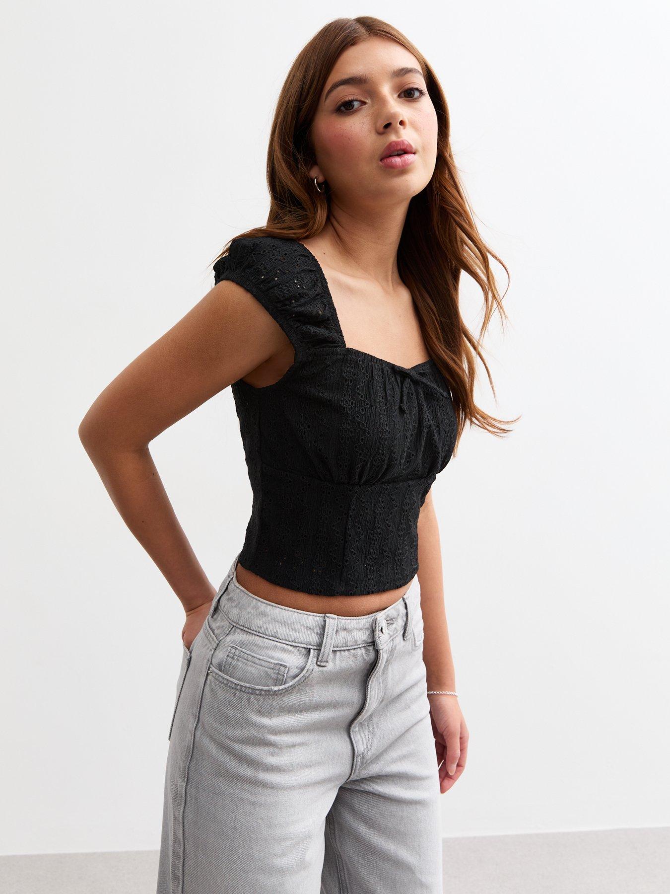 Image 1 of 4 of New Look 915 Girls Broderie Anglaise Cropped Top - Black