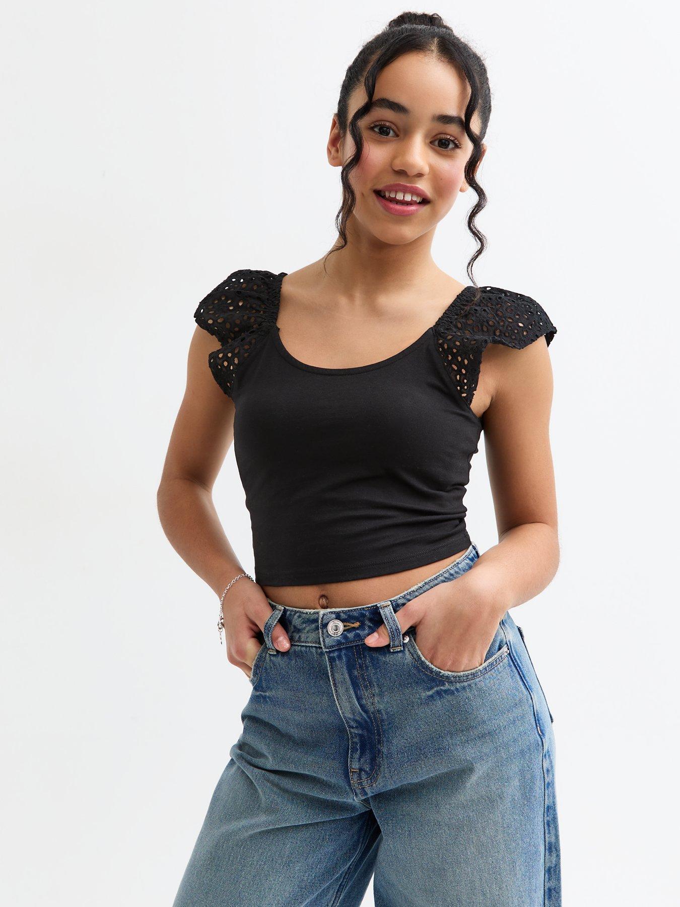 undefined Girls Broderie Anglaise Vest - Black