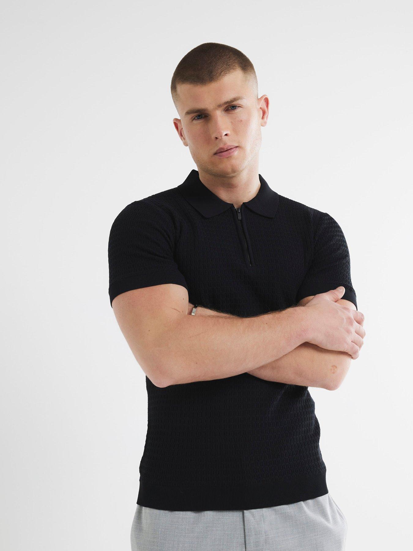 undefined Muscle Fit Textured Knitted Polo Shirt - Black