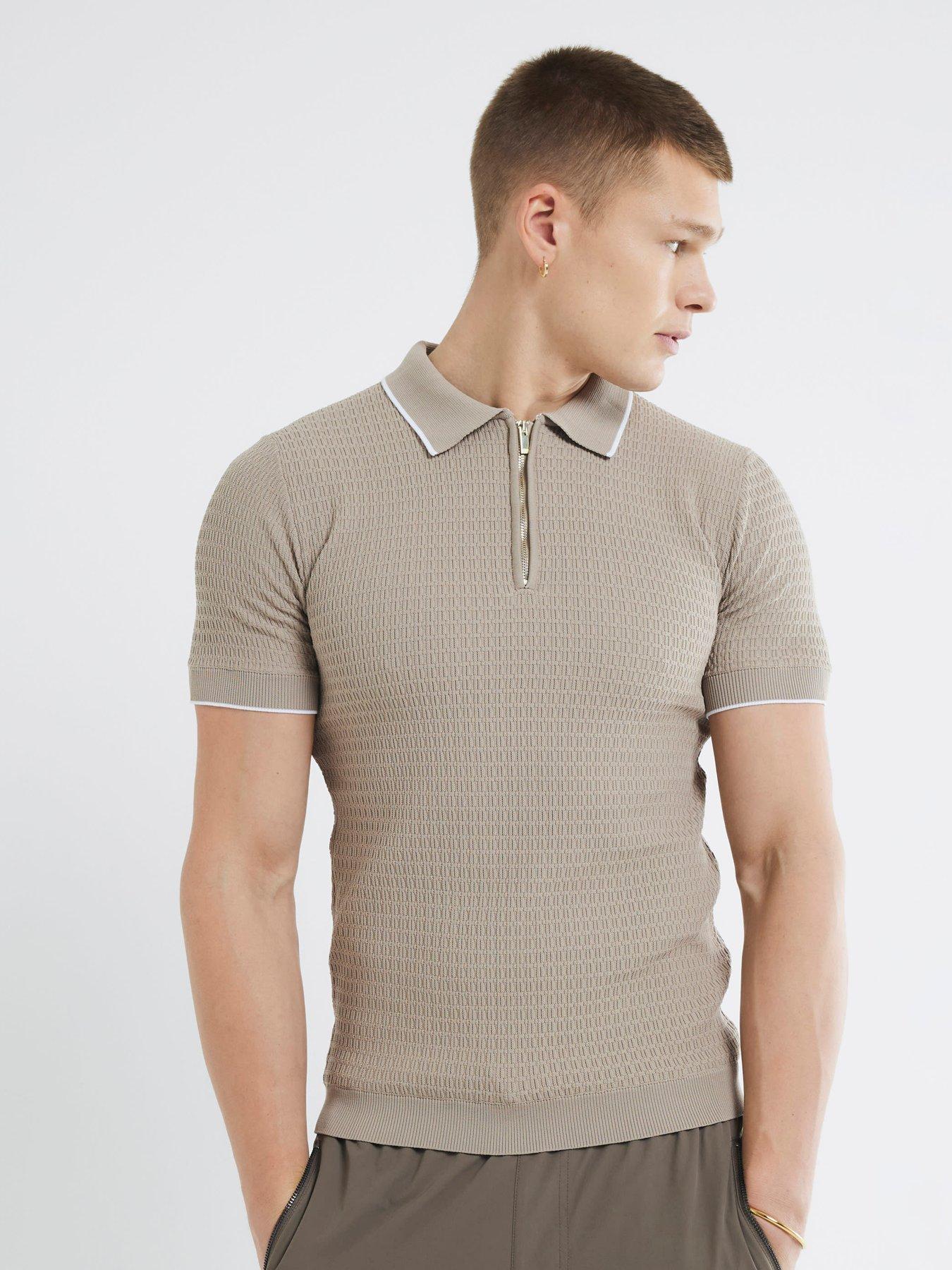undefined Muscle Fit Textured Knitted Tipped Polo Shirt - Beige
