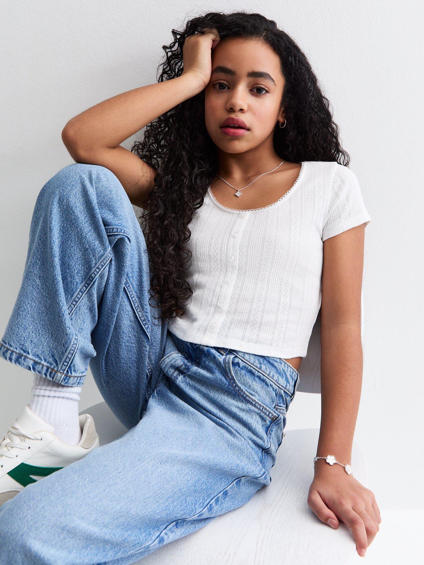 undefined Girls Pointelle Cropped Top - White