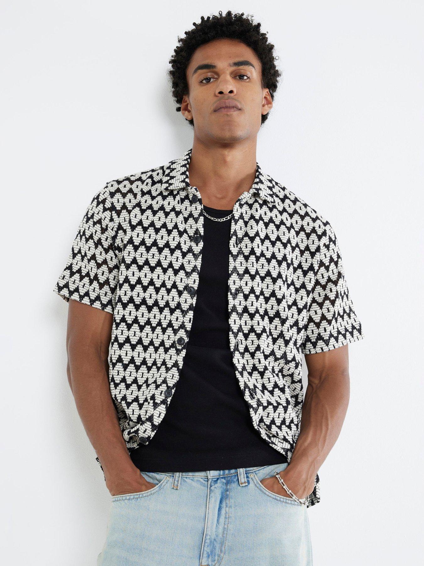 undefined Short Sleeve Mono Diamond Crochet Shirt - Black
