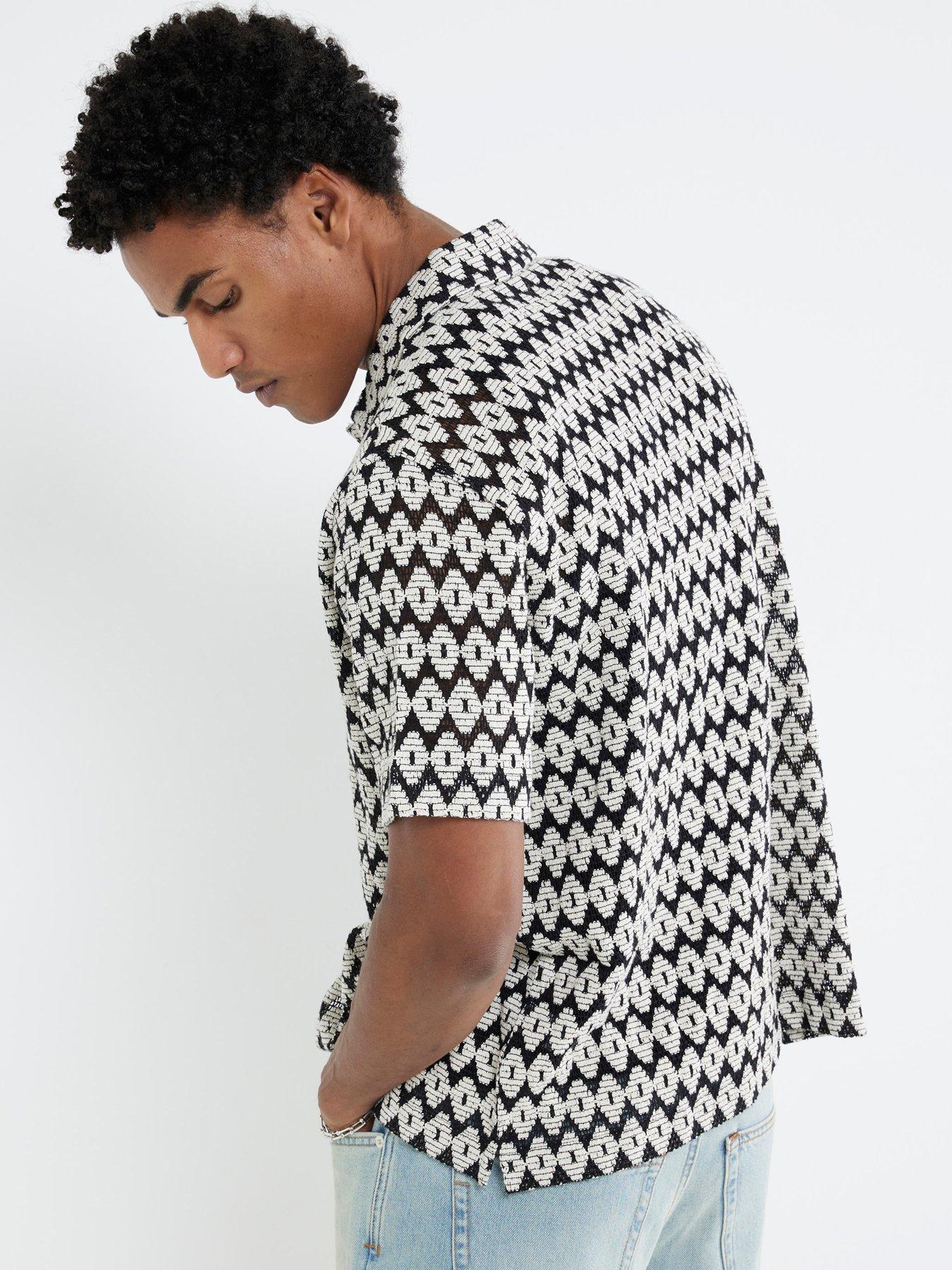 Image 2 of 4 of River Island Short Sleeve Mono Diamond Crochet Shirt - Black